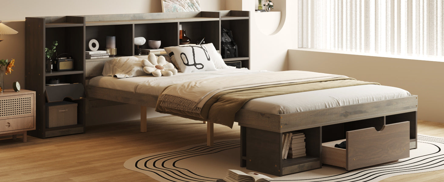 Queen Size Wood Platform Bed With Multi Storage Headboard And A Drawer, Gray Box Spring Not Required Queen Gray Wood Bedroom Bed Frame Solid Wood Mdf