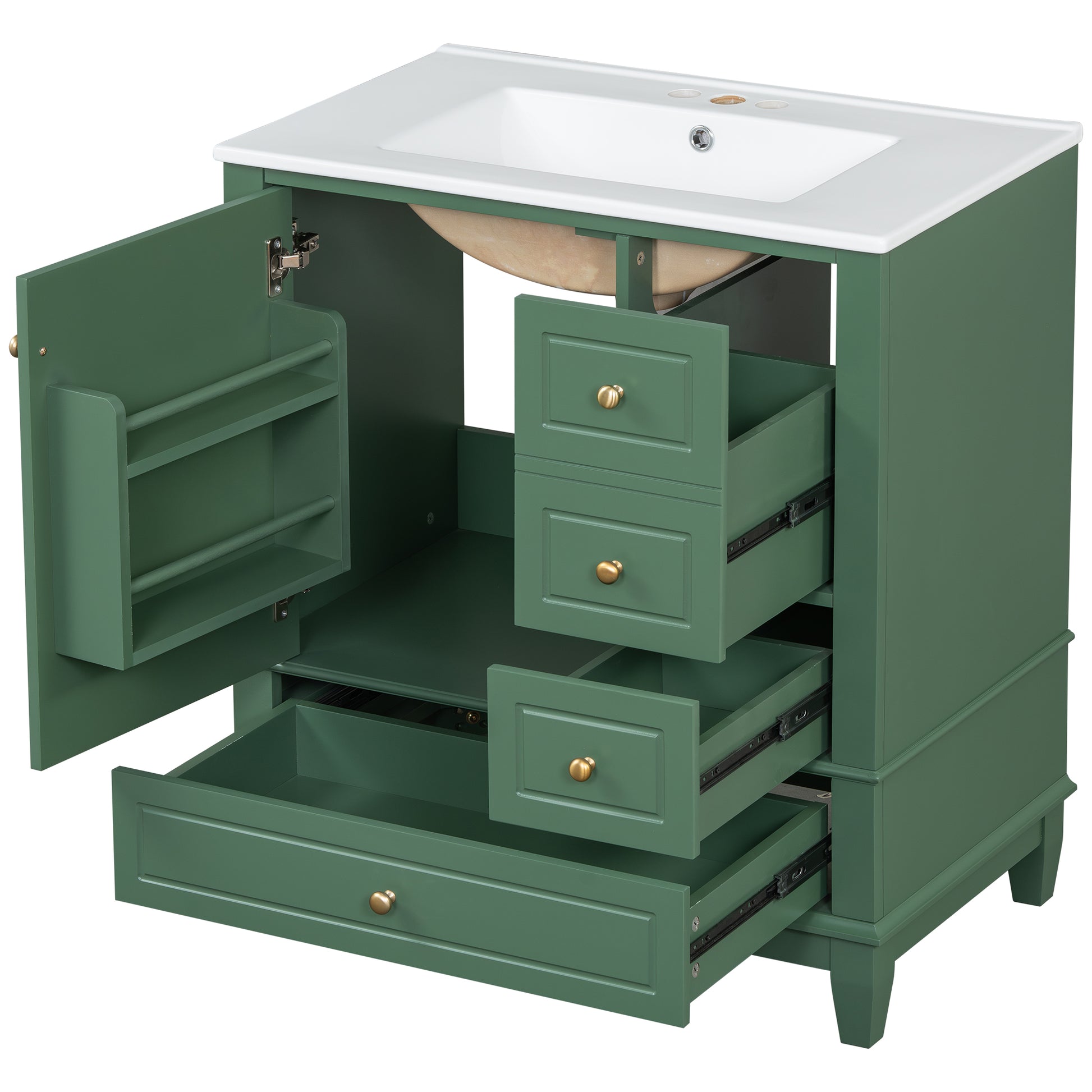 30" Bathroom Vanity With Sink, One Door With Shelf And Three Drawers, Soft Close Door, Green Green Ceramic Mdf,Rubber Wood