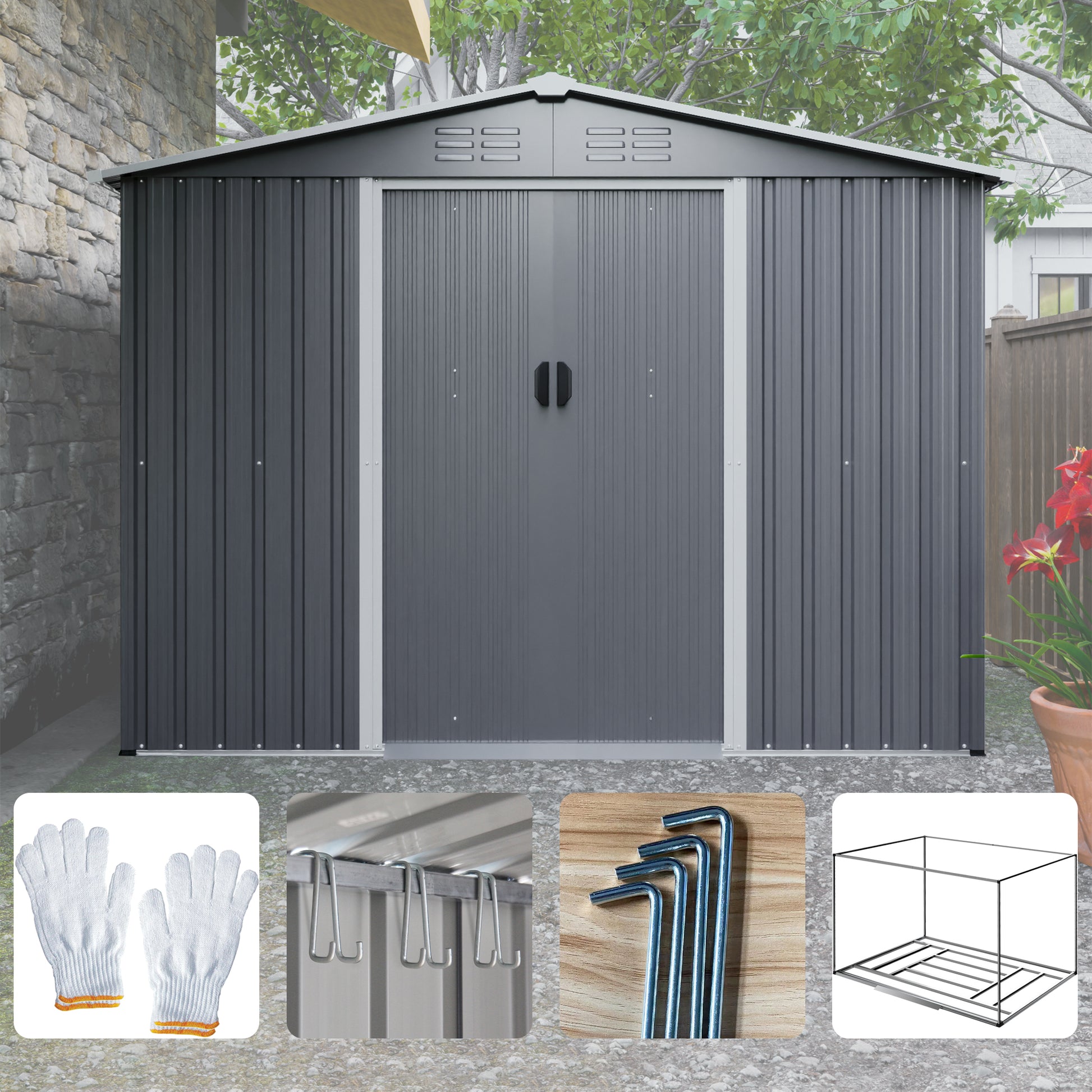 8X6 Ft Outdoor Tool Storage Shed With Metal Foundation & Lockable Doors, All Weather Metal Sheds For Garden, Patio, Backyard, Lawn, Gray Gray Metal