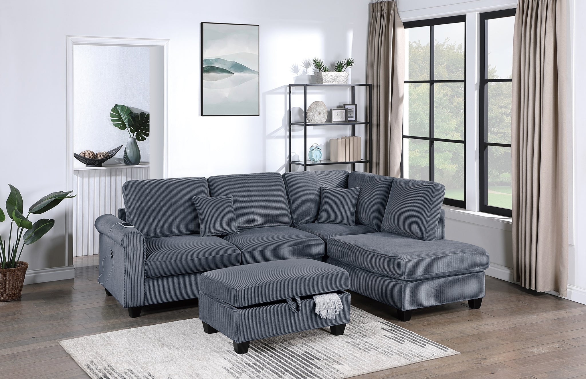 Contemporary Dark Gray 3Pc Sectional Set Corduroy Upholstered Laf Sofa Raf Chaise Ottoman L Sectional Living Room Furniture Dark Gray Primary Living Space Cushion Back Contemporary,Modern L Shaped Rubberwood Corduroy 6 Seat