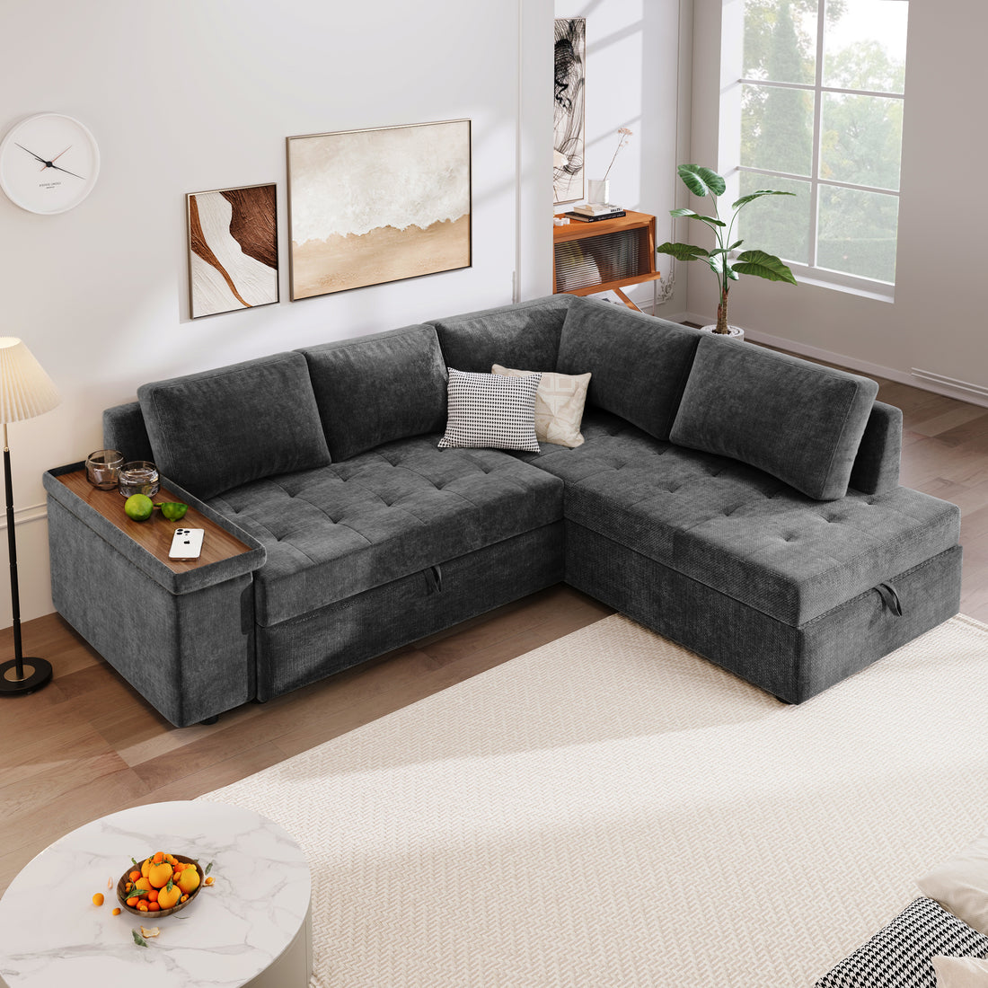 Mirod 91.5 Inch L Shaped Couch With Pull Out Bed And Storage Sectional Sleeper Sofa With Hidden Storagewide Armrest With Storage,For Living Room, Apartment, Bedroom, Office Grey Polyester 3 Seat