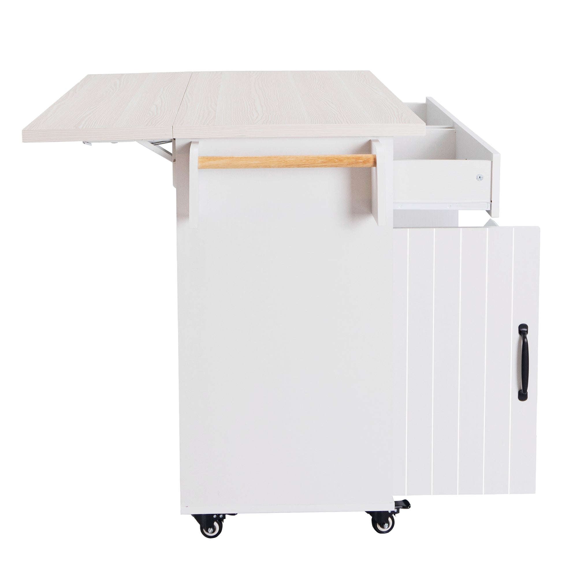 K&K Kitchen Island With Trash Can Storage Cabinet, Kitchen Cart With Drop Leaf, Spice Rack, Towel Rack And Drawer, Rolling Kitchen Island On Wheels With Adjustable Shelf, White Ameican White Oak