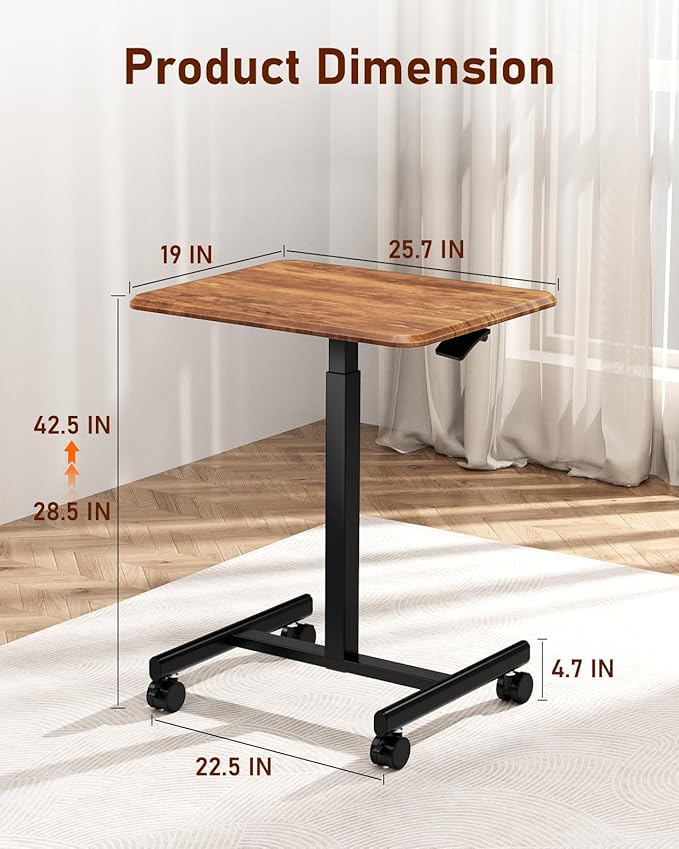 Standing Desk Small Rolling Desk With Lockable Wheels, Mobile Stand Up Desk Adjustable Height, Portable Laptop Desk, Small Computer Standing Table Sit Stand Brown Rust Metal & Wood