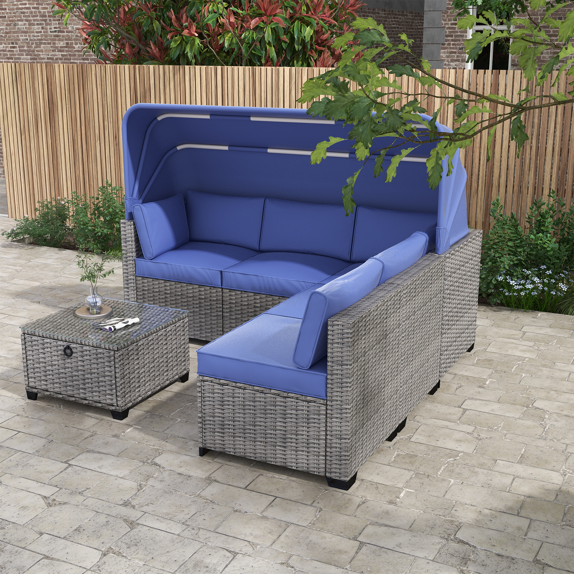 6 Pieces Patio Furniture Sets, Outdoor Rattan Daybed With Retractable Canopy, Outdoor Sectional Sofa Set With Adjustable Backrest, Chaise Chair Sunbed For Garden Poolside Backyard 3 Yes Complete Patio Set Antique Blue Seats 6 Water Resistant Cushion