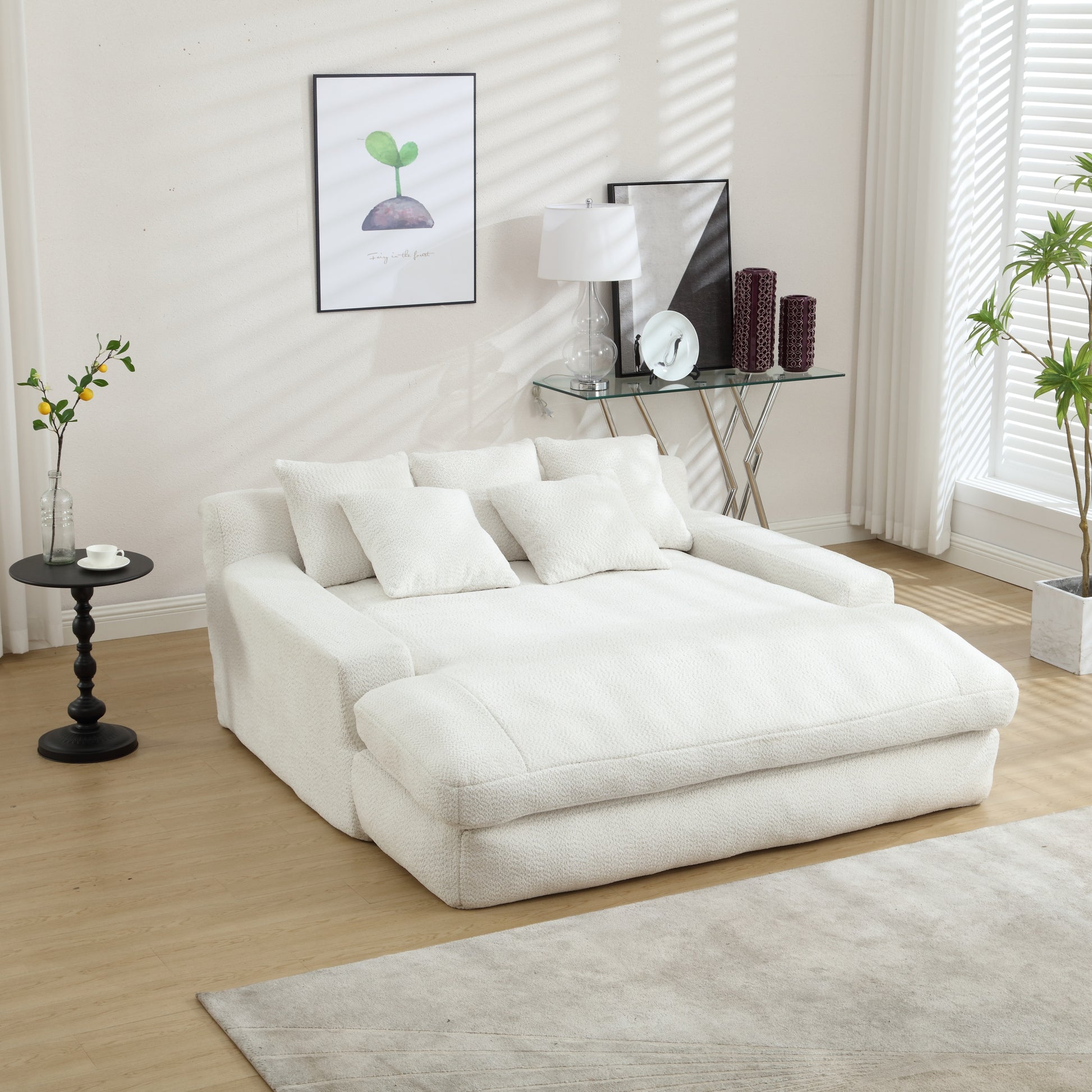 Coolmore Chenille 2 Seater Lazy Sofa With 5 Back Pillows,Comfy Sofa Deep Seat Couch For Living Room,Club White White Chenille 2 Seat