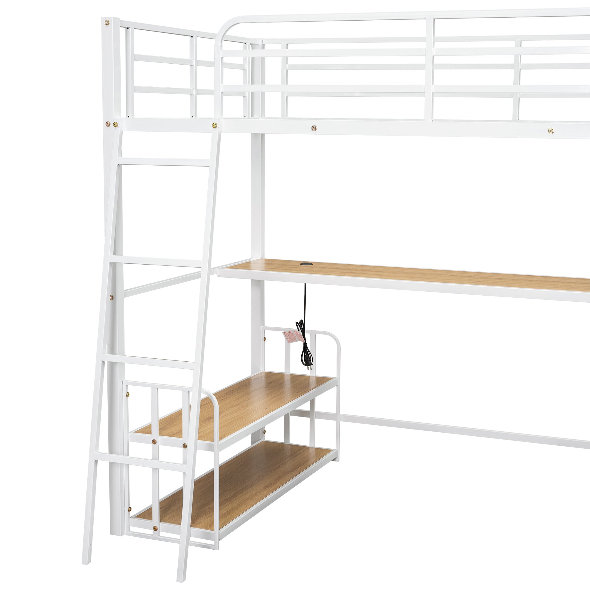 Twin Size Metal Loft Bed With Desk, Storage Shelves And Charging Station, White Box Spring Not Required Twin White Metal Mdf Metal