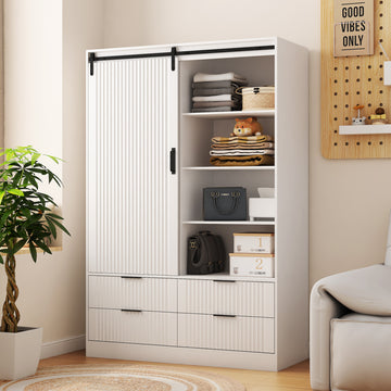 Tall Bedroom Armoire Wardrobe Closet Clothing Storage Cabinet With Hanging Rod Barn Door Drawers Open Shelves,White White Mdf