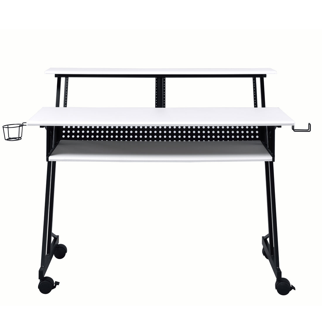 White And Black Music Recording Studio Desk With Metal Base White Black Keyboard Tray Computer Desk Office Rectangular Shelves Wood Metal