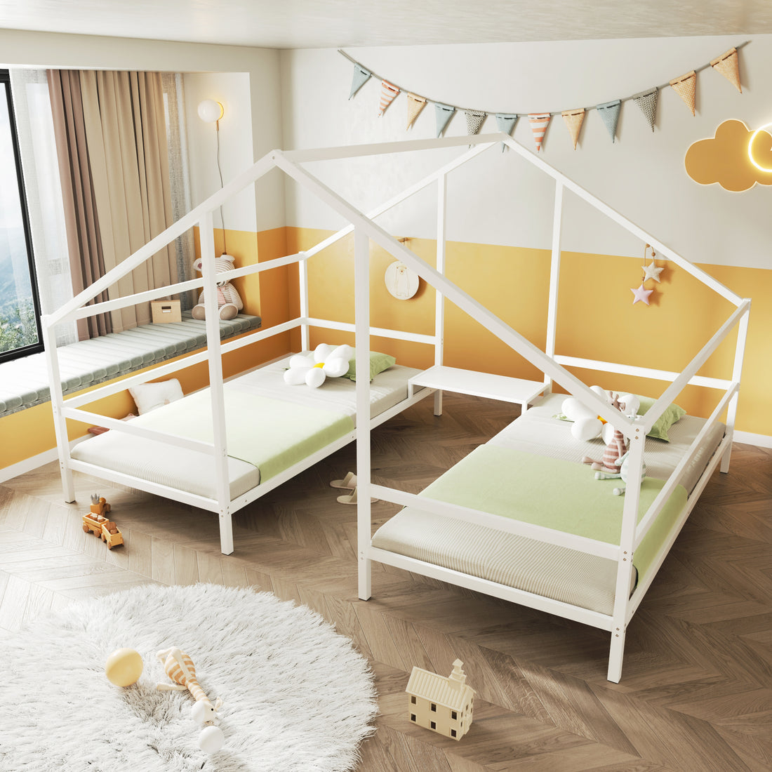 Metal Double Twin Size Triangular House Beds With Built In Table, White Box Spring Not Required Twin White Metal Metal