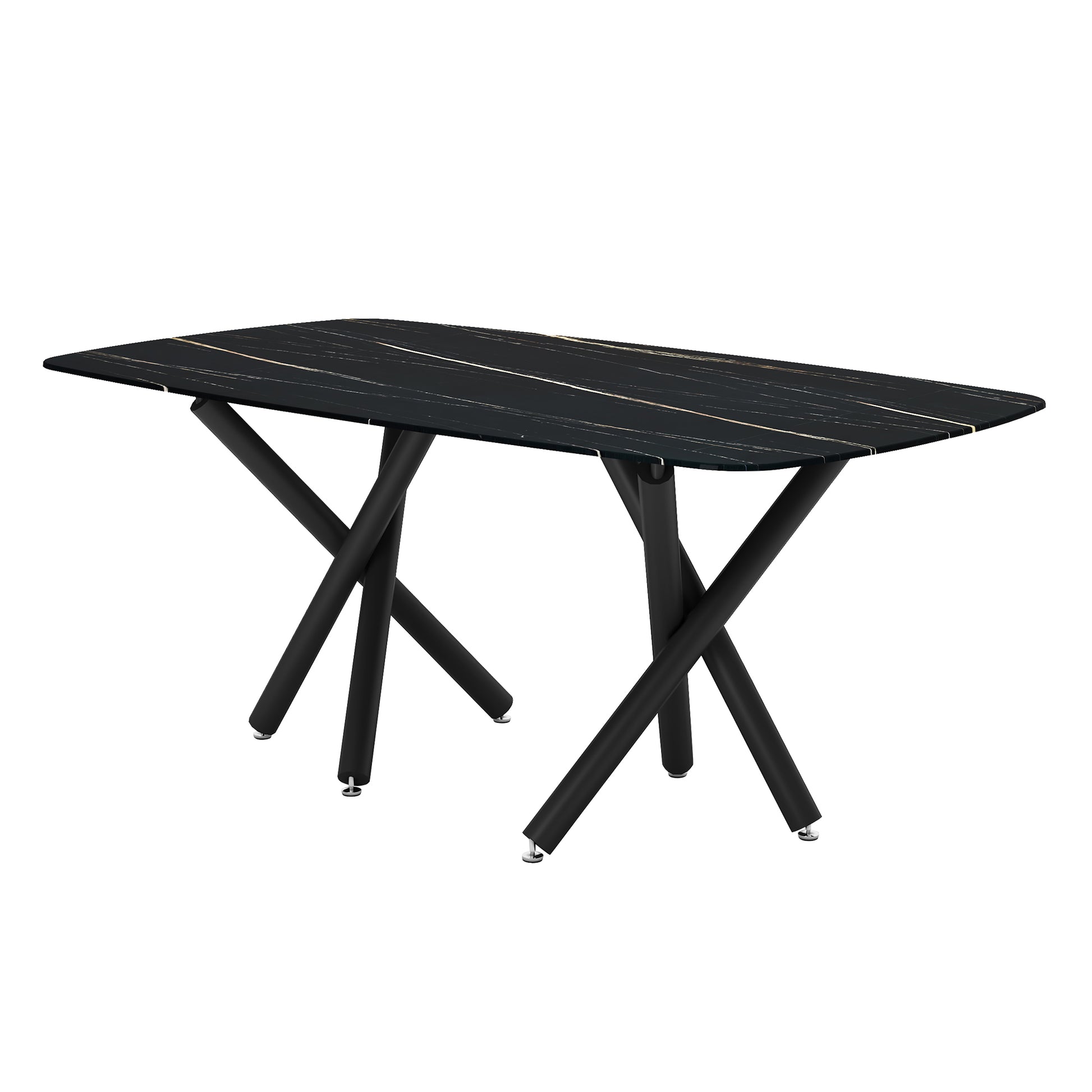 Large Modern Minimalist Rectangular Dining Table With 0.39 "Imitation Marble Black Tabletop And Black Metal Legs, Suitable For Kitchen, Dining Room, Living Room, Conference Room, And Banquet Hall 1537 Black Glass