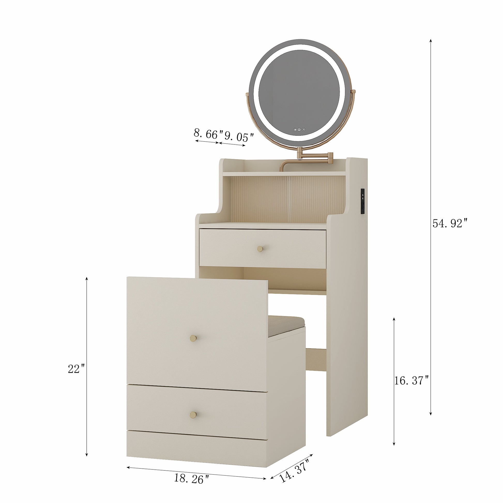 3 In 1 Vanity Desk With Mirror And Light ,Small Makeup Vanity Set With Charging Station, With 2 Drawers And Open Storage Space, With Upholstered Stool, Compact Dressing Table Writing Desk For Small Sp Light Yellow Mdf