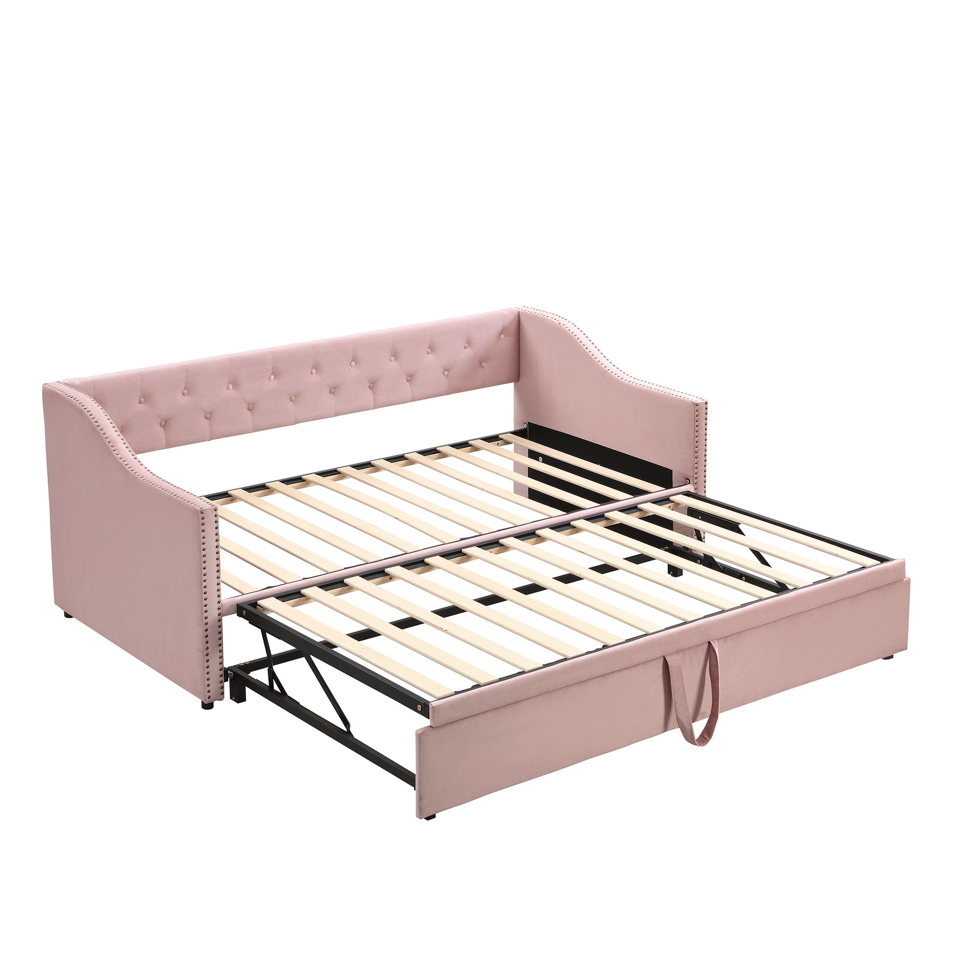 Twin Size Upholstered Daybed With Pop Up Trundle, Pink Twin Pink Upholstered