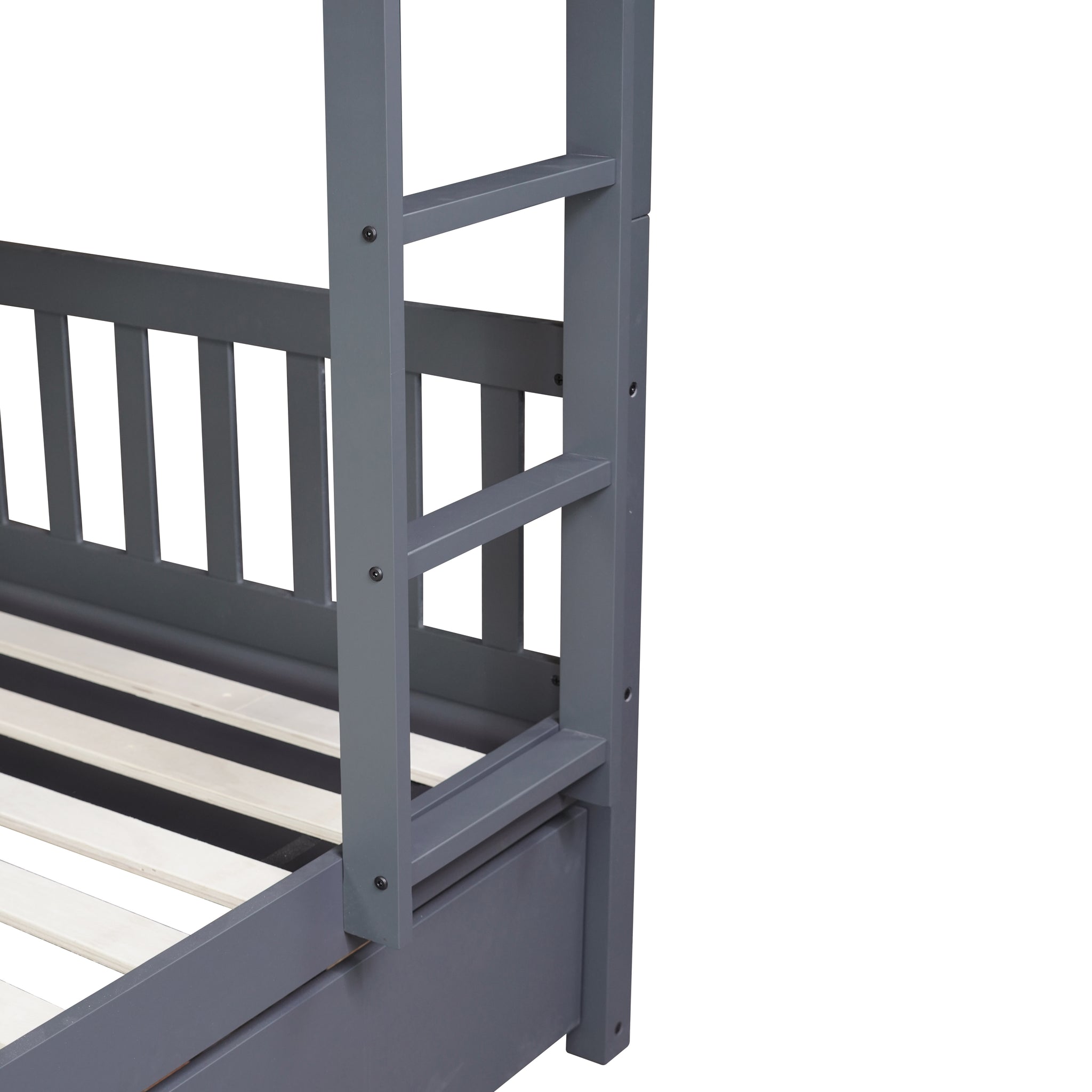 Full Over Full Rubber Wood Bunk Bed With Trundle, Ladder And Guardrails, Convertible To 2 Full Size Beds, With Twin Size Trundle ,Dark Grey Full Dark Grey Bedroom American Design Bed Frame Rubber