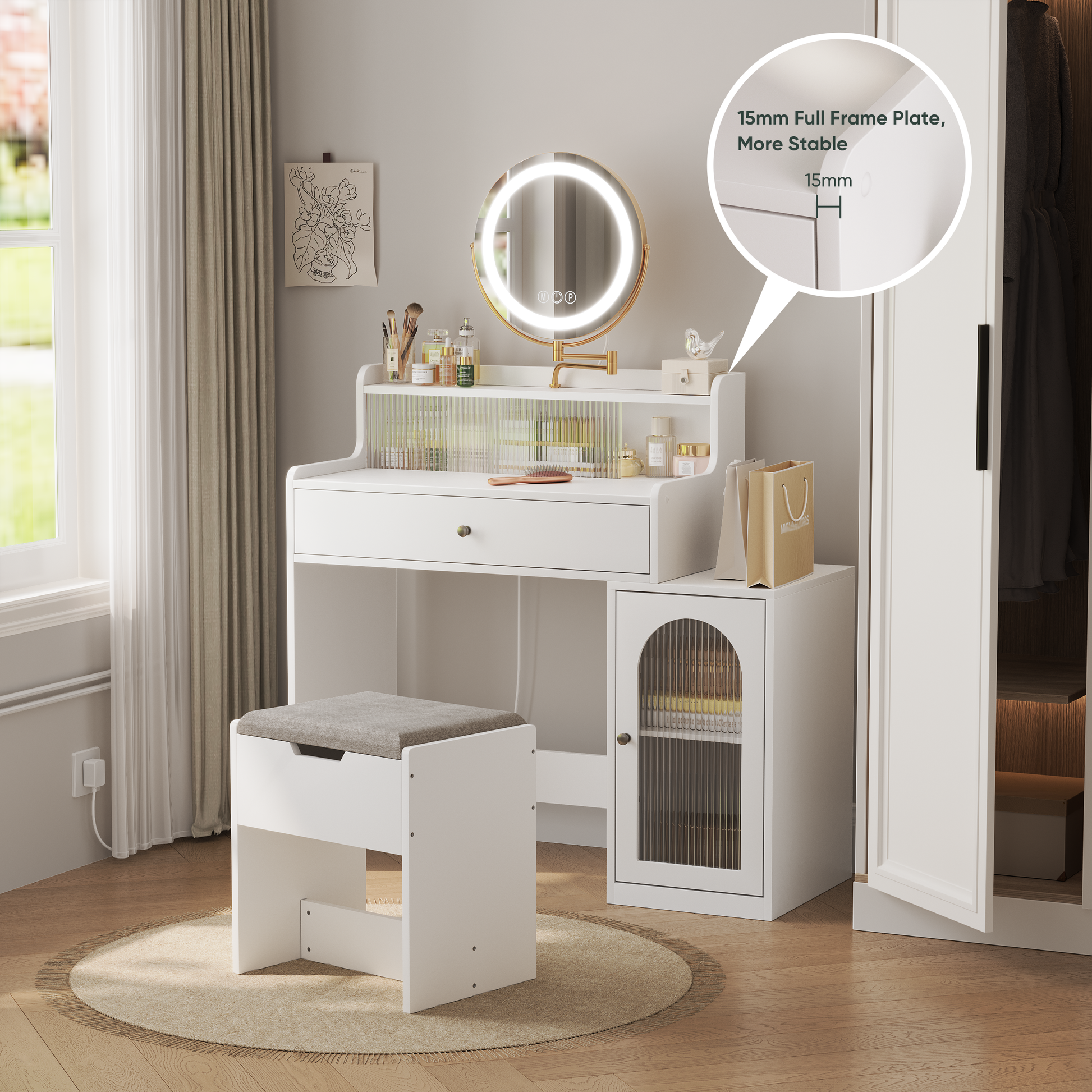 White Vanity Desk With 360 Rotated Mirror And Adjustable Lights, Girls Makeup Vanity Table With Storage Chair And Side Cabinet With Waveform Glass Doors, Dressing Table With Drawer For Bedroom