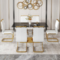 Table And Chair Set.Modern Rectangular Dining Table With Black Textured Stickers Glass Tabletop And Gold Plated Metal Legs.Paried With 6 Comfortable Chairs With Pu Seats And Golden Metal Legs. White Gold Seats 6 Glass Metal