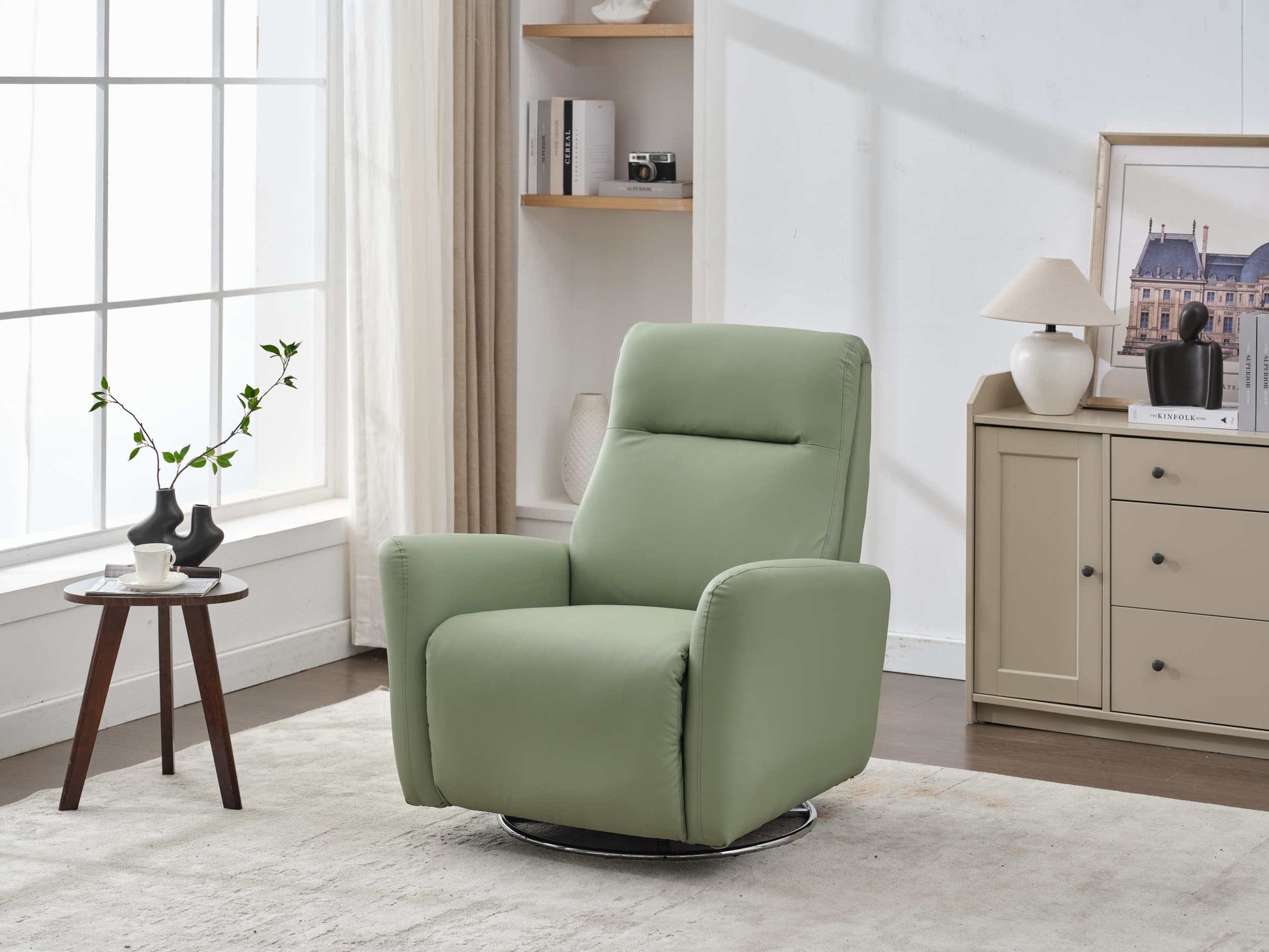 Swivel Glider Recliner Chair, 270 Power Recliner Rocking Chair Nursury Chair For Living Room Bedroom Apartment Green Faux Leather