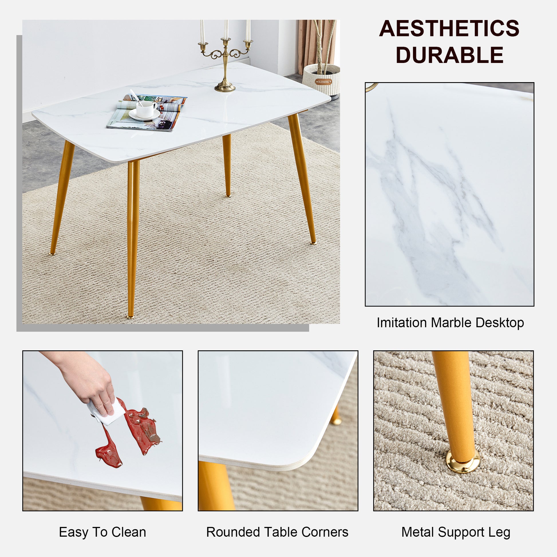 Modern Minimalist Dining Table. White Imitation Marble Patterned Stone Burning Tabletop With Golden Metal Legs. 50 "* 30" * 30 "F 001 Gold Sintered Stone