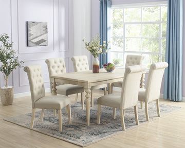 Amonia 7 Piece Dining Set, Turned Leg Dining Table With 6 Tufted Chairs Light Brown Wood Dining Room Fixed Table Rubberwood Rectangular Dining Table With Chair Wood Wood Beige Brown Seats 6 Rectangular 4 Leg Mdf