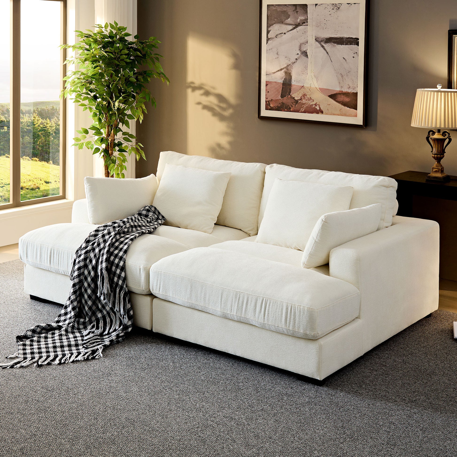 89.76 Inch Double Sleeper Sofa Cloud Couch Soft Fluffy Fabric Upholstery With Square Armrests,Comfor Daybed With Over Wide Sofa Bed,Modern Design Beanbag With Arms,Beige Beige Fabric 2 Seat