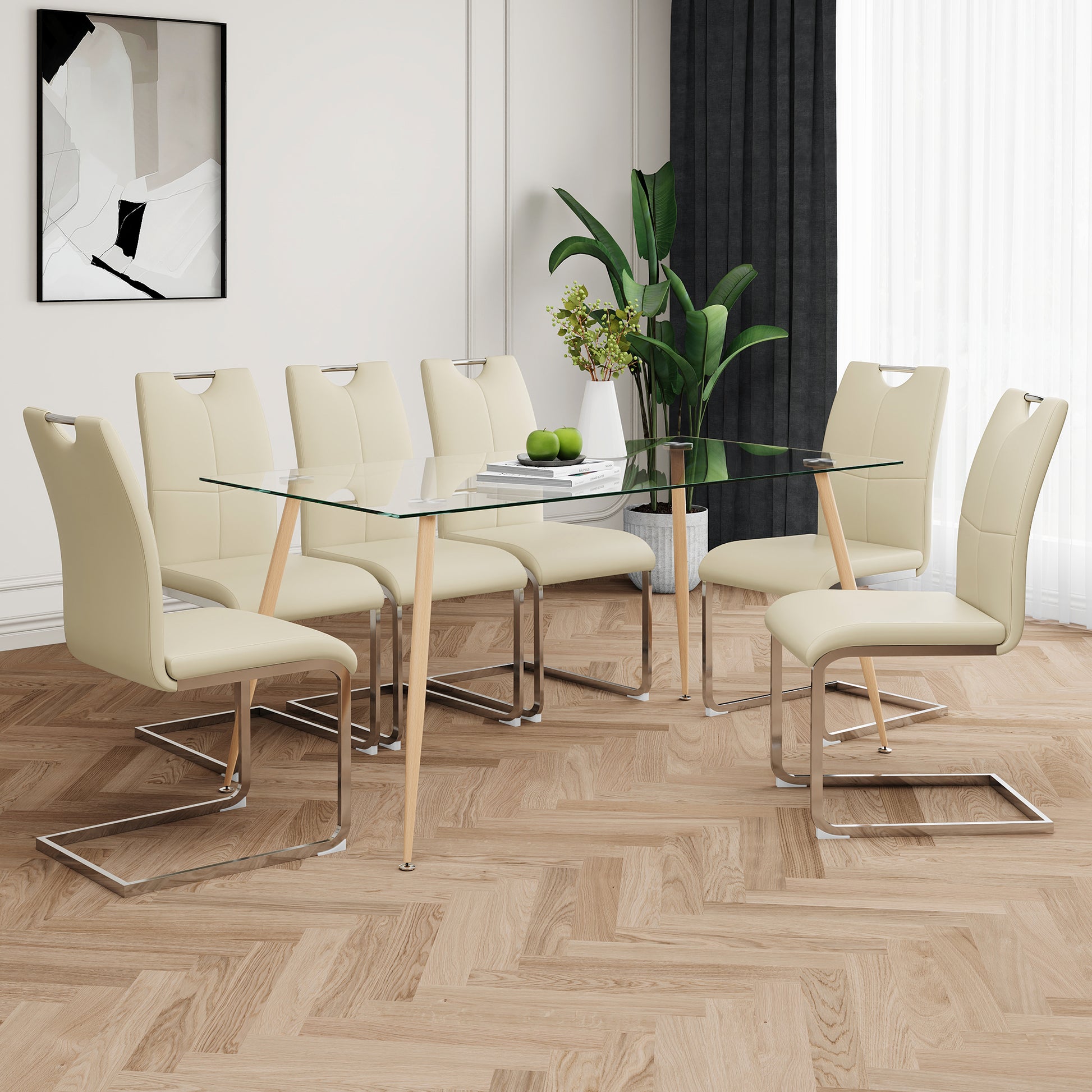Modern Simple Rectangular Glass Dining Table, Solid Tempered Glass Countertop, Wood Transfer Metal Table Legs, Light Yellow Pu Dining Chair Set, Suitable For Restaurant Kitchen Use Set Of 7 Upholstered Chair Glass Light Yellow Seats 6 Metal Rectangular