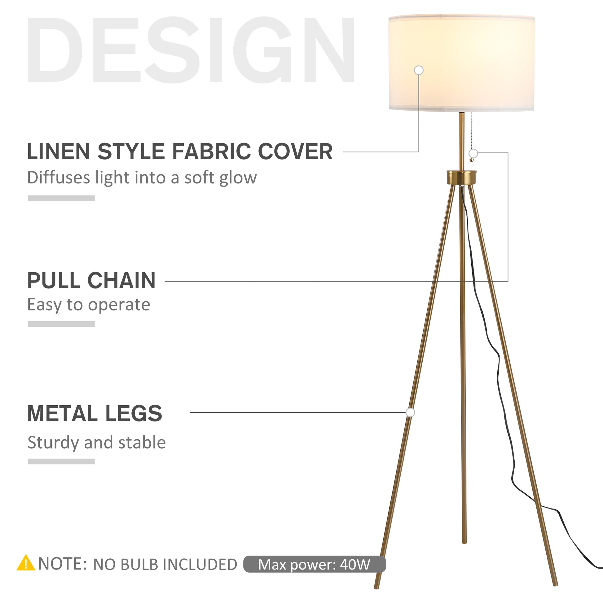 Homcom 59.75" Standing Floor Lamp Fabric Lampshade Steel Tripod, Gold Gold Steel