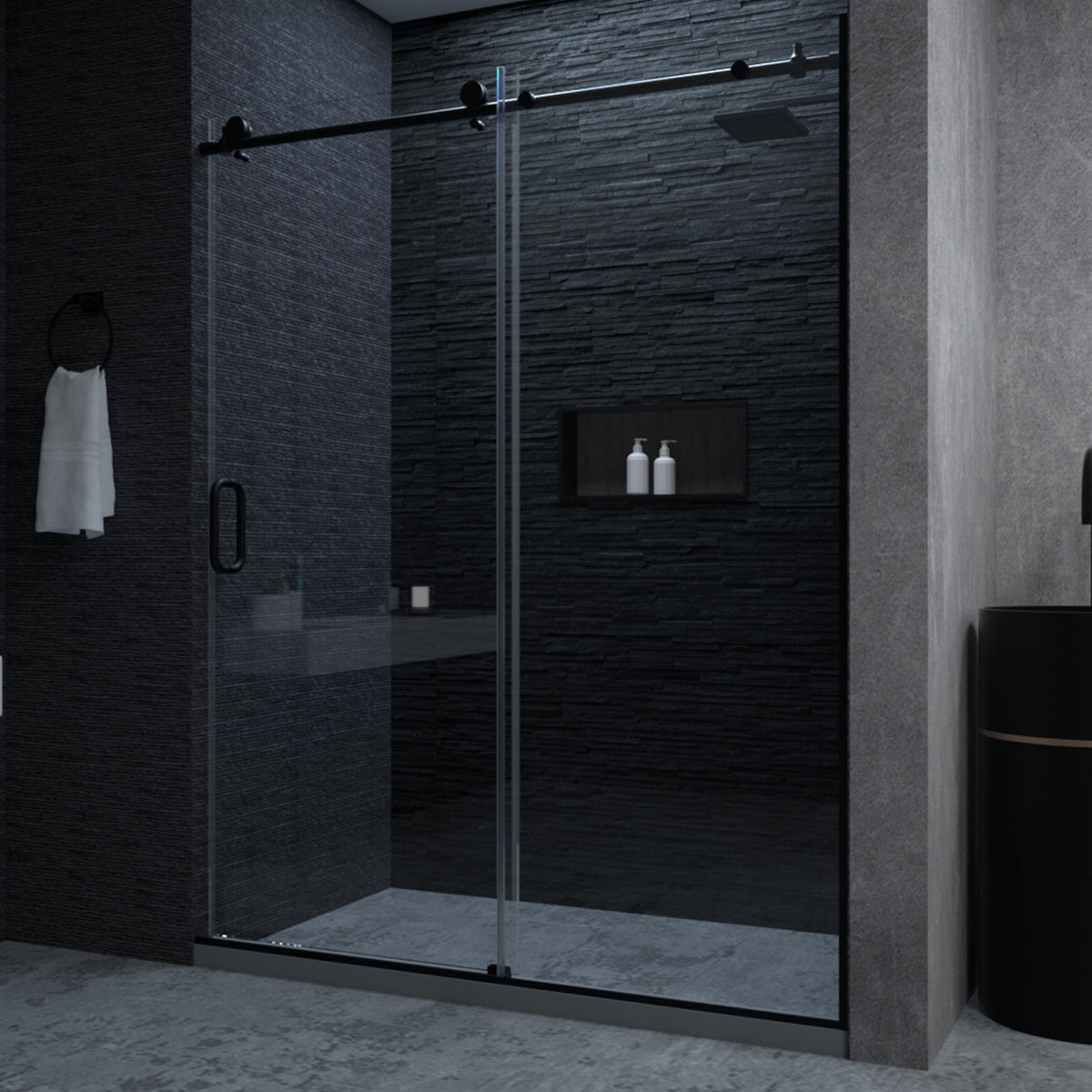 Frameless Sliding Shower Door 58 60 In. W X 76 In. H, Bathroom Sliding Door With 5 16" Clear Tempered Glass, Matte Black Finish, Designed For Smooth Door Closing Matte Black Stainless Steel