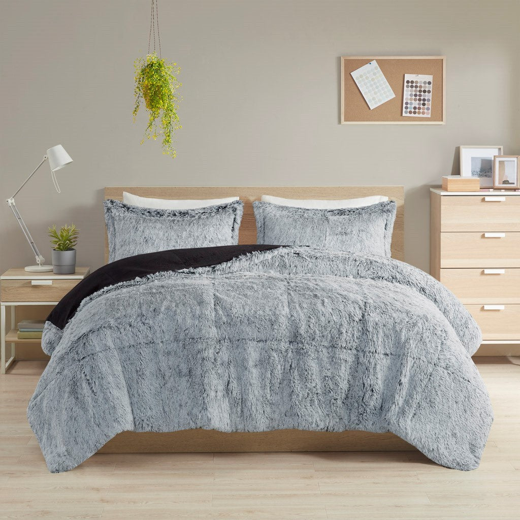 Shaggy Long Fur Comforter Mini Set Twin Grey Polyester