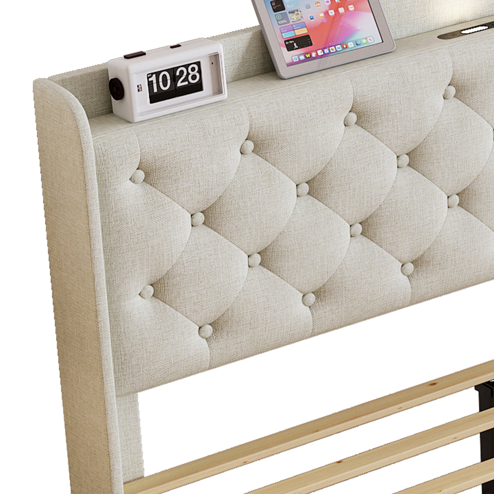 Queen Size Bed, Mesh Backboard Beautiful, With Led Lights, Cotton And Linen Fabric, Frame Stability, Easy To Assemble,Light Gray Queen Light Gray Mdf Acacia