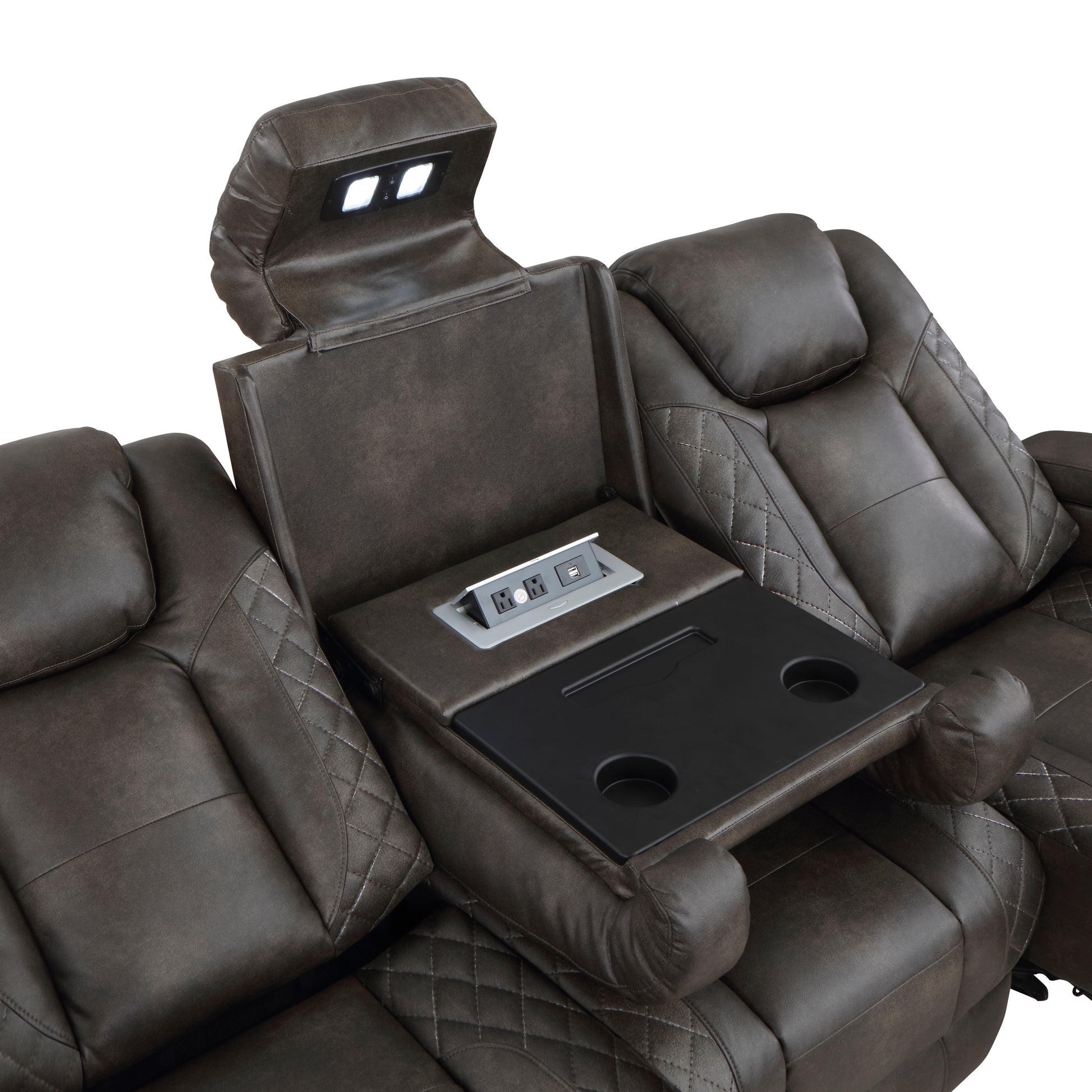 Luxury Comfort Modern Living Room Furniture 1Pc Power Reclining Sofa Premium Faux Leather Upholstery, Power Headrests, Led Light, Usb Ports, Power Outlets, Hidden Storage Brown Gray Faux Leather Wood Primary Living Space Luxury,Modern Plywood,Solid Wood