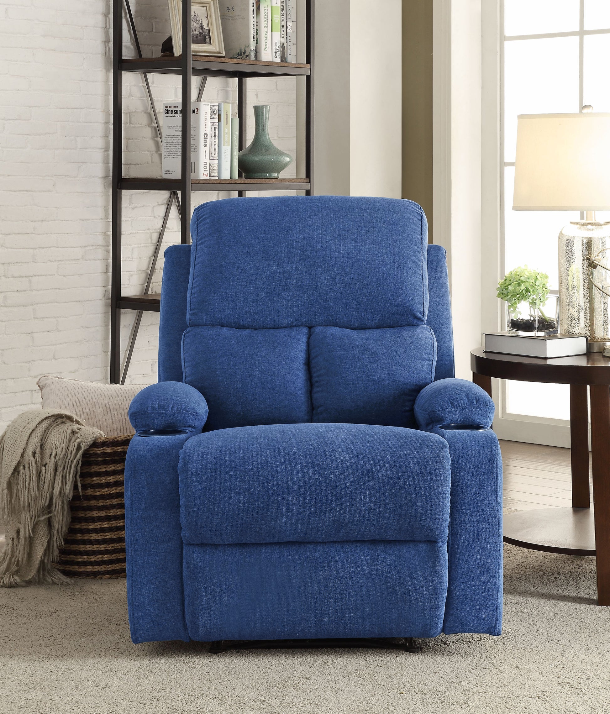 Blue Recliner With Cup Holder Blue Linen Manual Handle Metal Primary Living Space Tight Back Handle Pillow Top Arms Fabric Metal