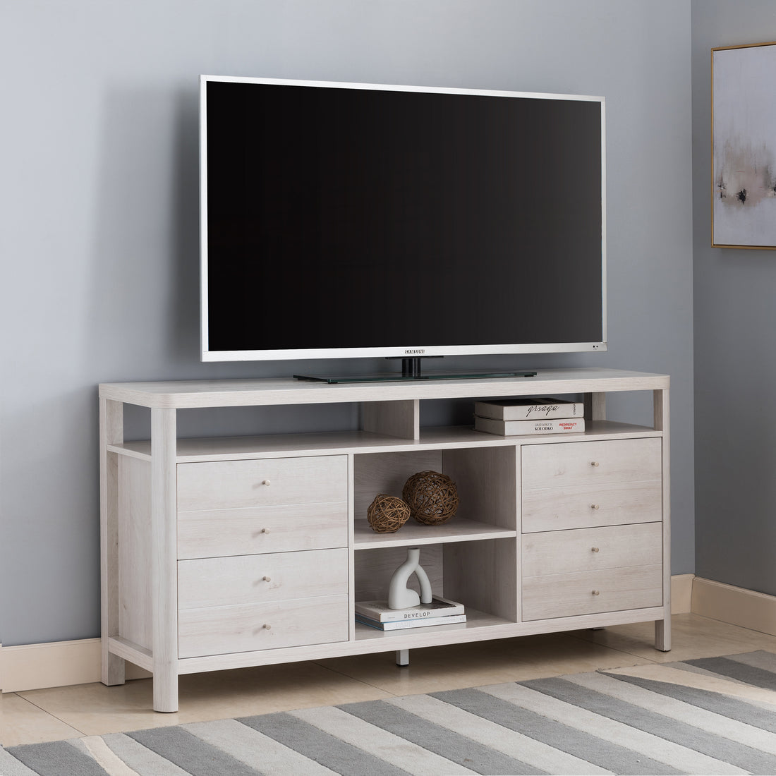 Versatile White Oak Tv Stand Buffet With Two Tier Shelving And Eight Button Tufted Drawers For Modern Spaces White Oak 60 69 Inches Mdf