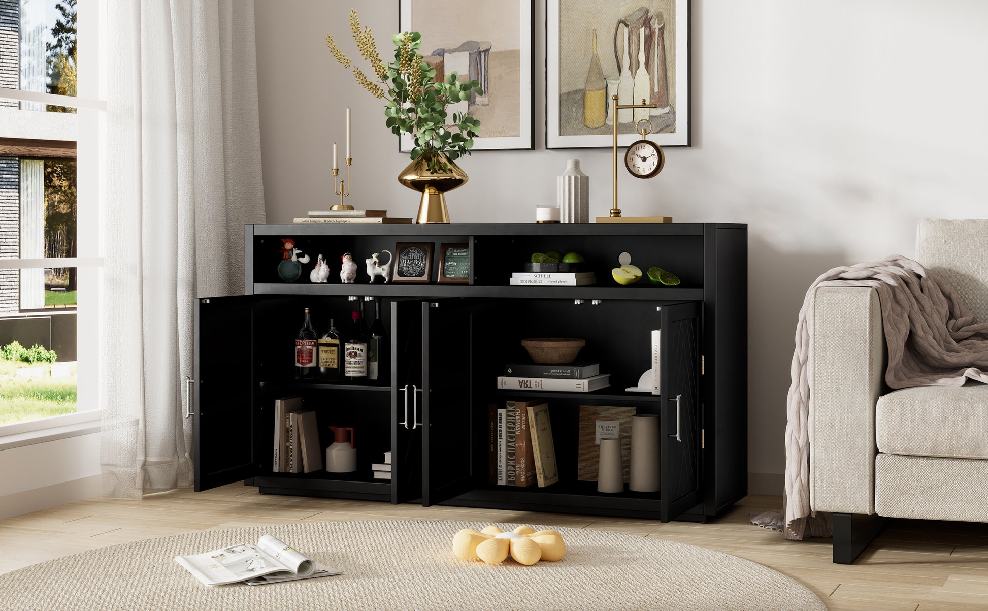 4 Door Classic Sideboard With Open Storage And Adjustable Shelves Perfect For Kitchens, Living Rooms Black Black Mdf