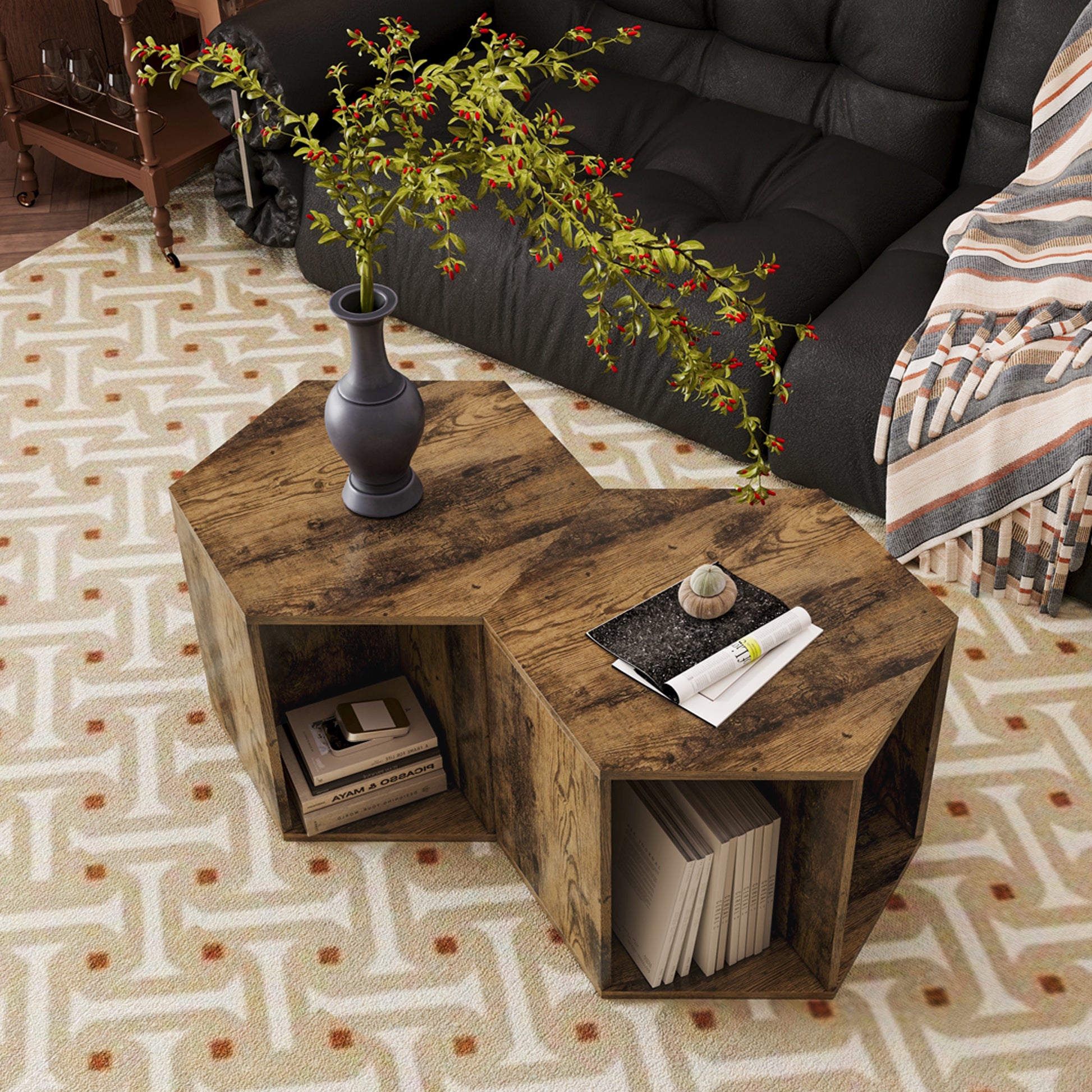 47.24'' Hexagonal Coffee Table Side Table Nightstand Antique Wood 2Pcs Antique Brown Mdf
