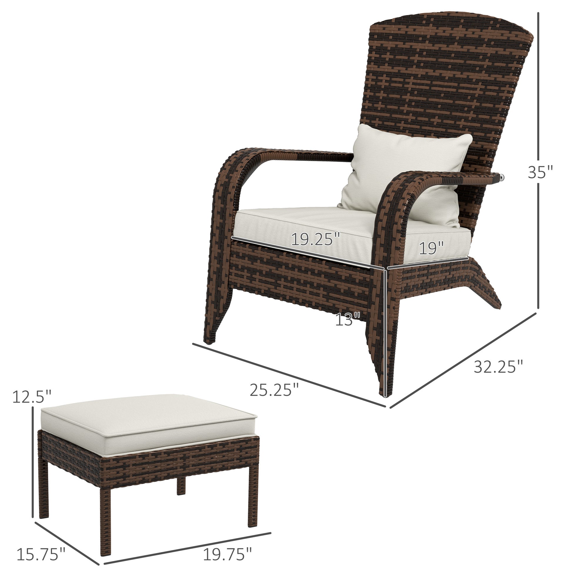 Outsunny Patio Wicker Adirondack Chair With Ottoman, Outdoor Fire Pit Chair With Cushions, High Back, Large Seat & Armrests For Deck, Garden & Backyard, Cream White White Steel