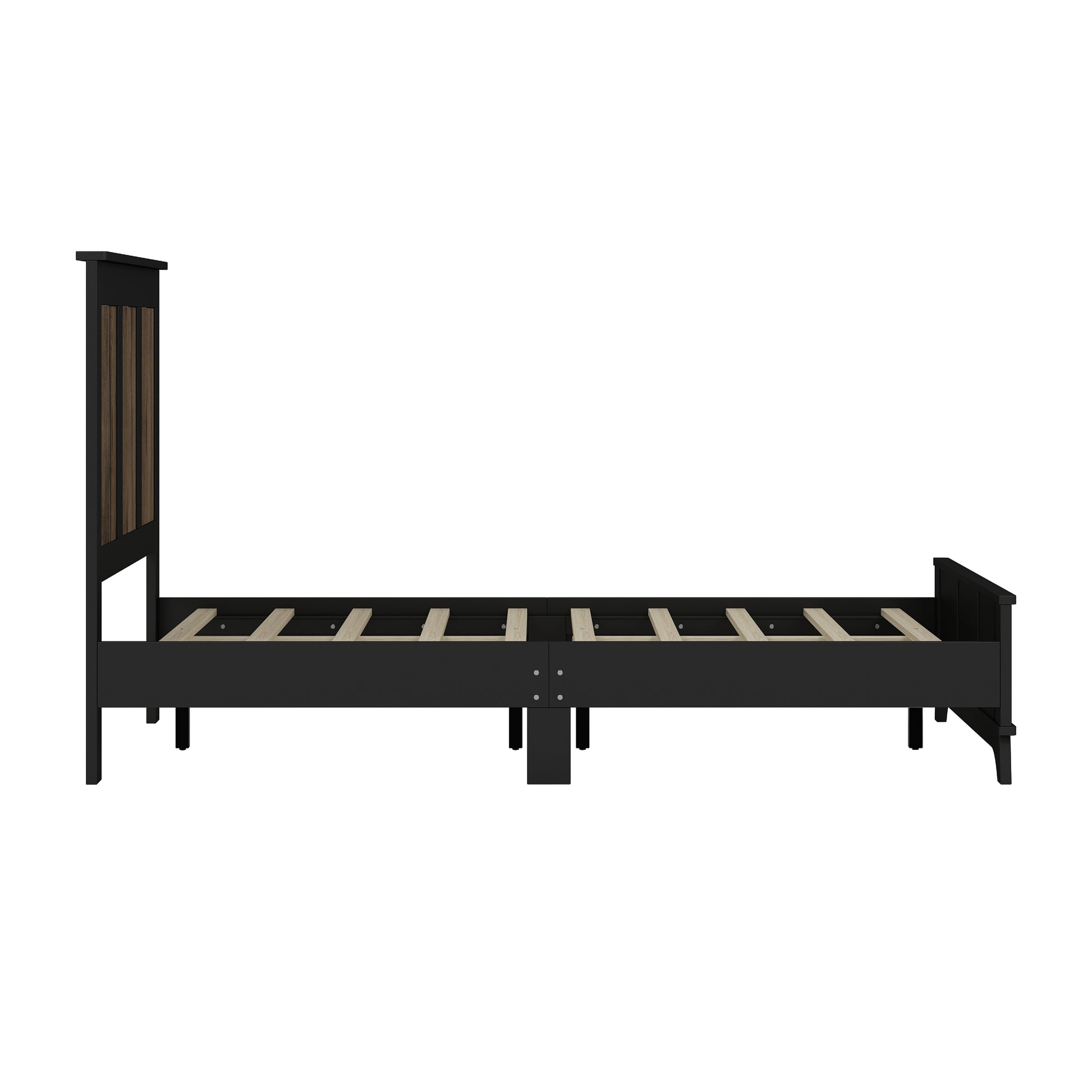 Farmhouse Wooden Platform Queen Size Bed, Modern Platform Bed With Wooden Strip Decoration, Plywood Slats Support, Black Queen Black Particle Board