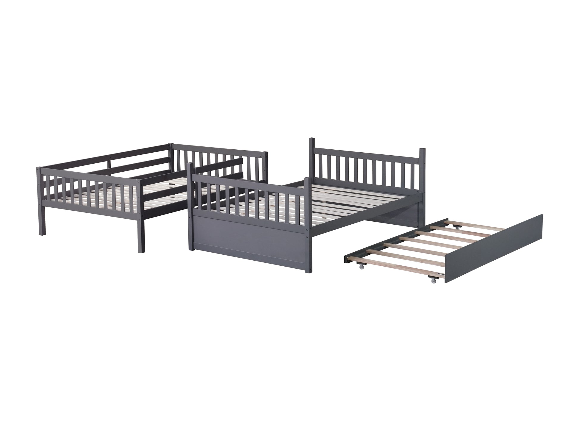 Full Over Full Rubber Wood Bunk Bed With Trundle, Ladder And Guardrails, Convertible To 2 Full Size Beds, With Twin Size Trundle ,Dark Grey Full Dark Grey Bedroom American Design Bed Frame Rubber