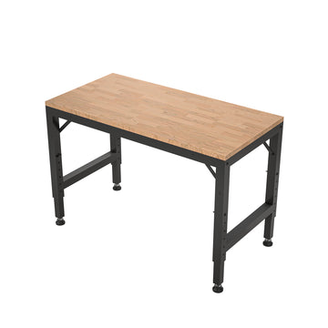 48" Heavy Duty Adjustable Workbench For Garage, Rubber Wood Shop Table W Rubber Pads, Hardwood Workstation Weight Capacity Over 2000 Lbs Black Metal & Wood
