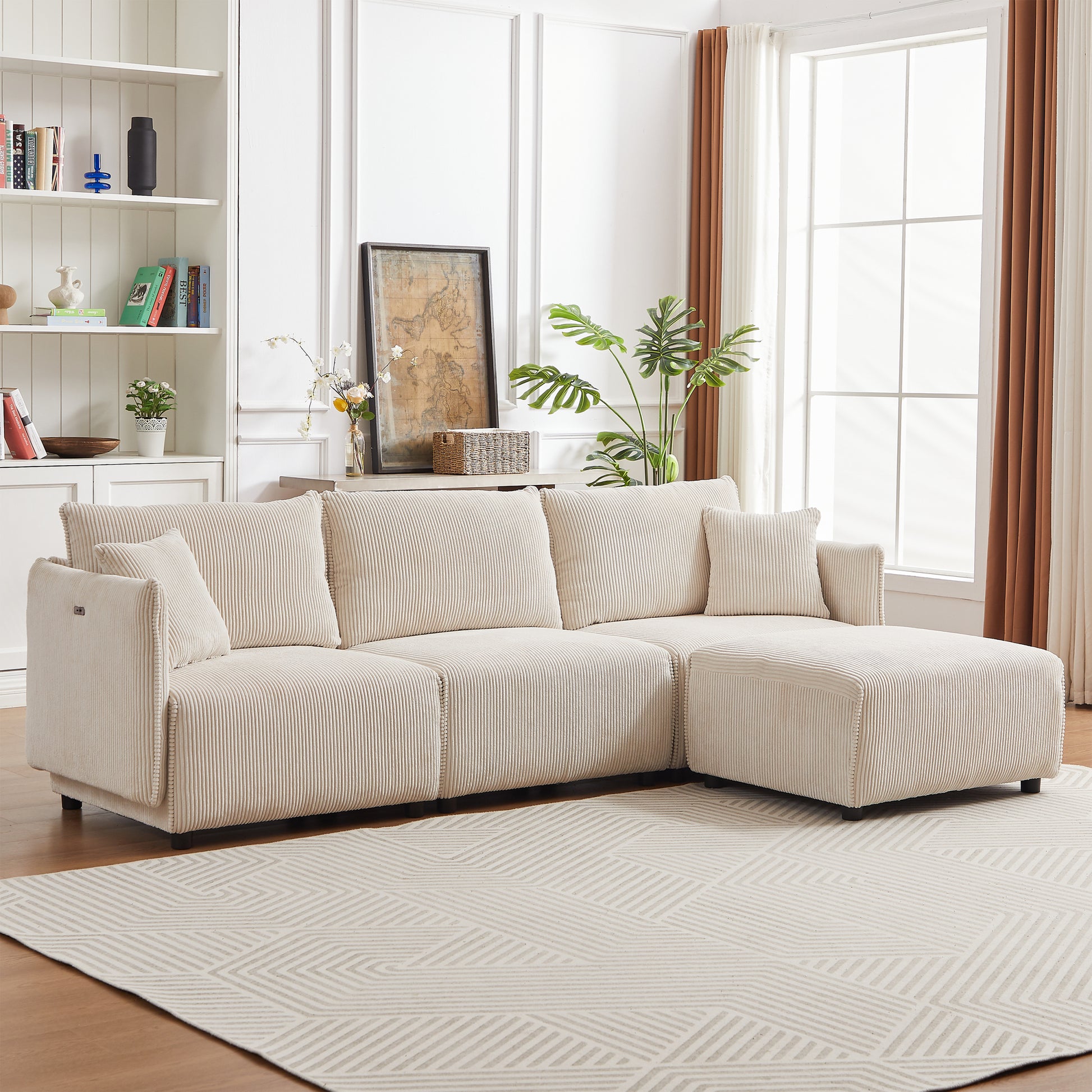 106" Multi Module Combination Style Sofa For Living Room, Bedroom And Other Lounge Spaces, Modern Minimalist Corduroy Combination Sofa With 2 Comfort Cushions With Usb & C Charging Ports,Beige Beige Foam Fabric 4 Seat