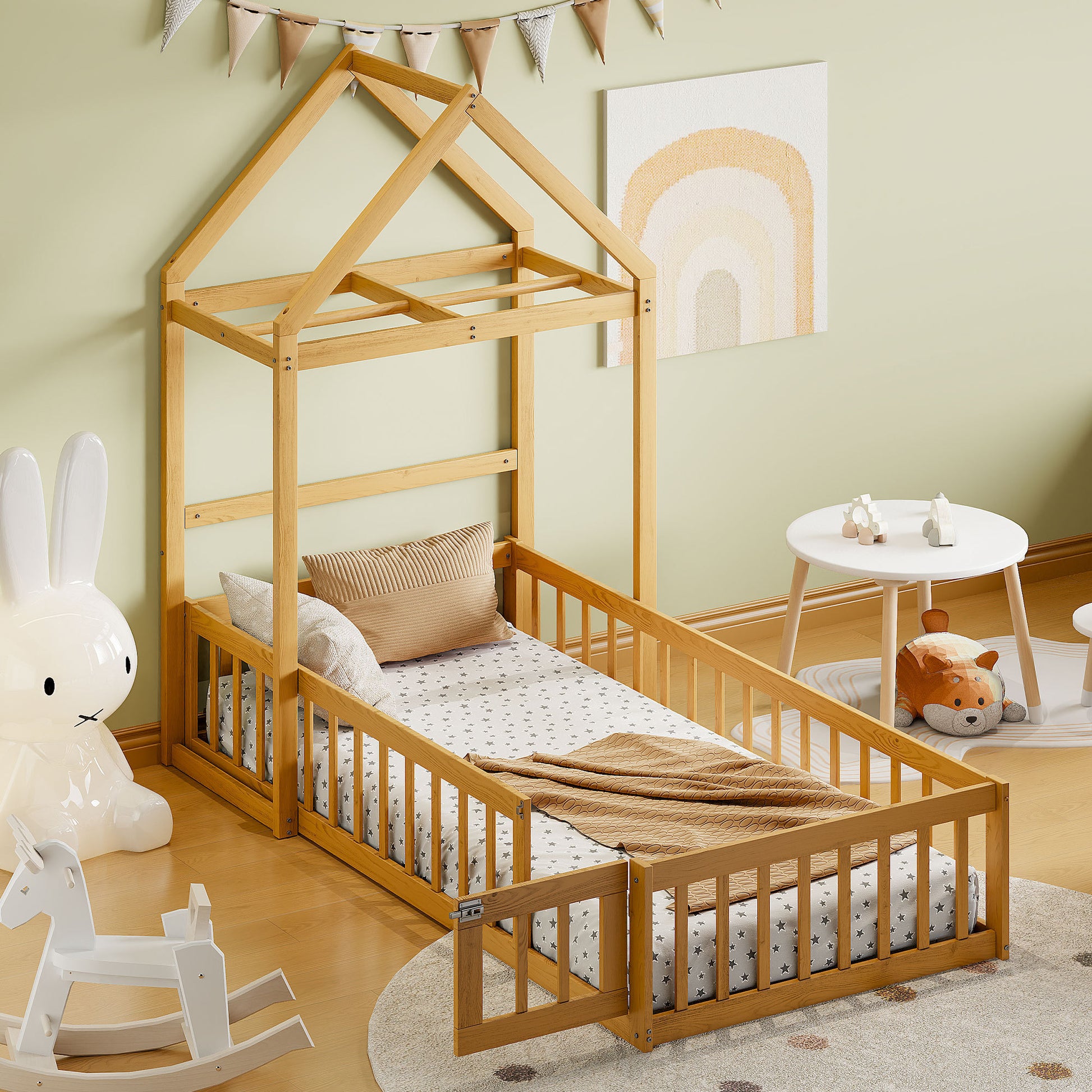 Wooden Floor Bed With Fence Railings And Detachable House Shape Headboard, Twin Size Bed With Kids Dress Up Rack, Kids Montessori Style Playhouse Frame For Girls Boys, Natural Twin Natural Wood