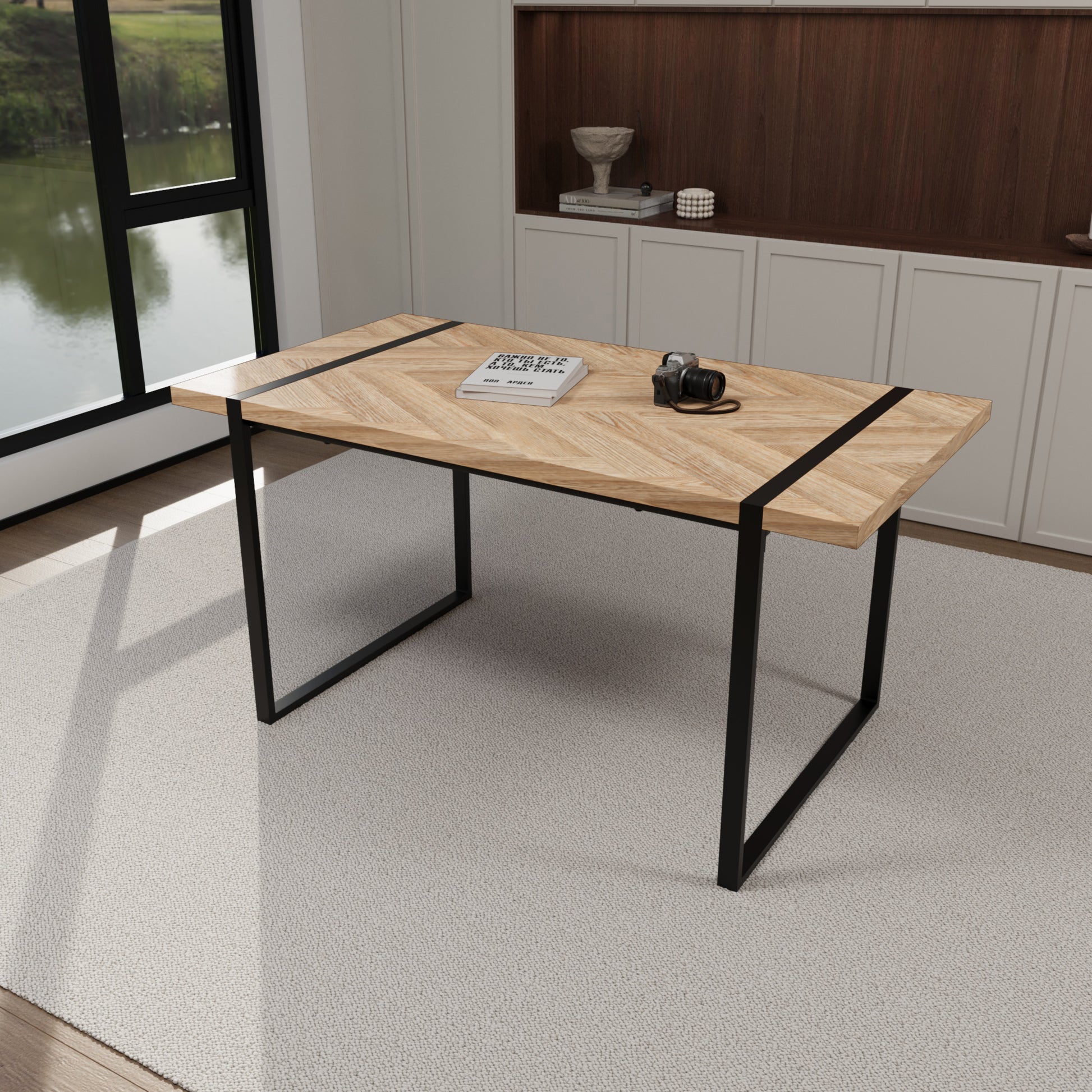 59 "Rural Industrial Rectangular Mdf Light Wood Dining Table Set And Pu Armless Dining Chair Set, 4 Piece. Kitchen Black Metal Table Leg Dining Chair Set White Natural Mdf