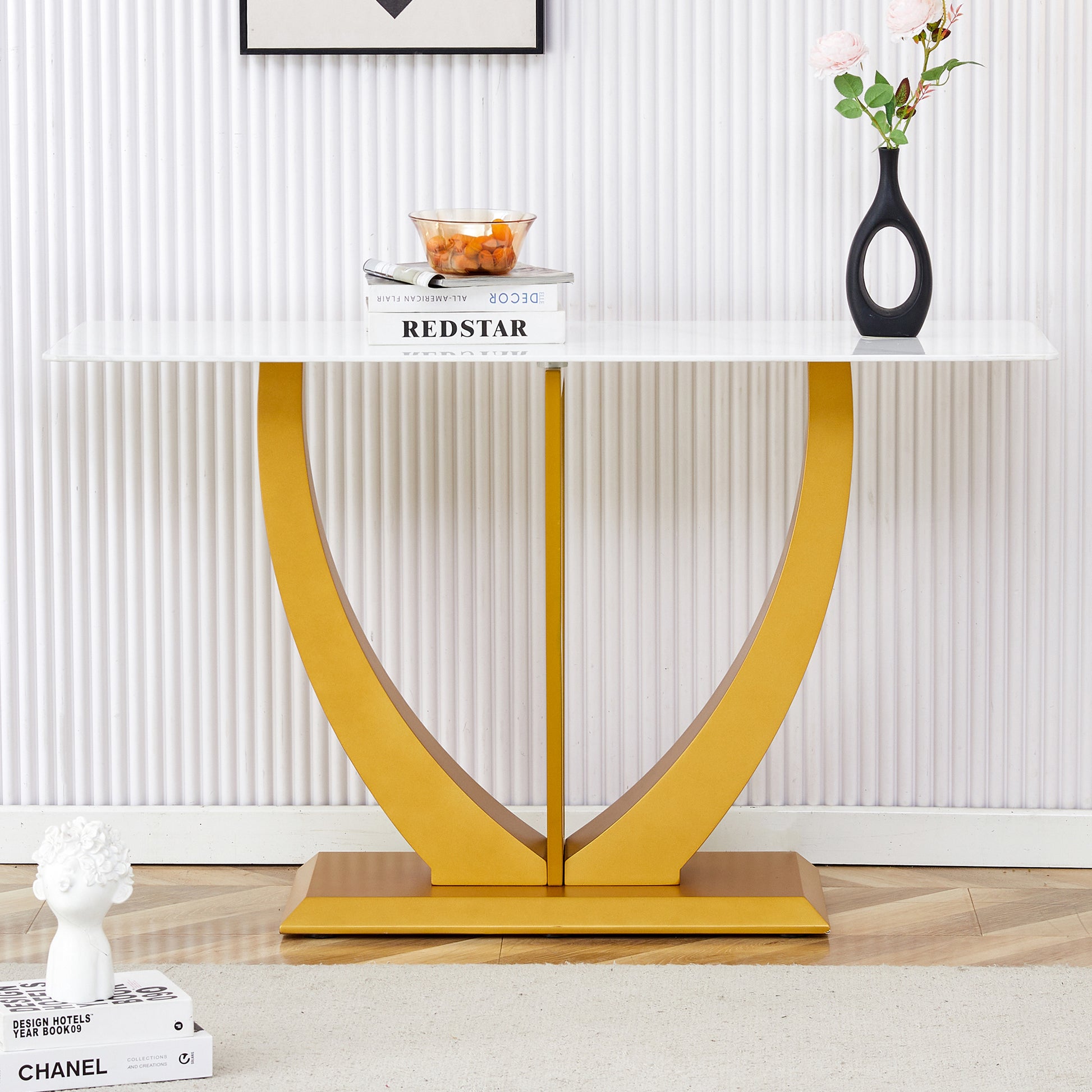 Modern And Simple Rectangular Glass Dining Table In White With A Pattern, 0.39 "White Top And Gold Legs, Suitable For Entrance And Living Room. White Glass