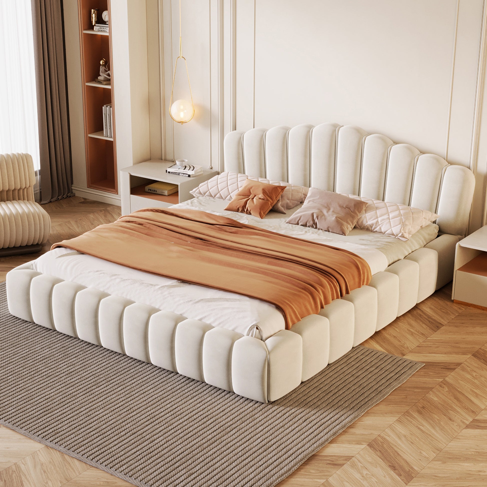 Velvet Upholstered Queen Bed Frame Floor Bed Shell Shaped Headboard For Bedroom,No Box Spring Needed,Beige Box Spring Not Required Queen Beige Wood Bedroom Contemporary Bed Frame Upholstered