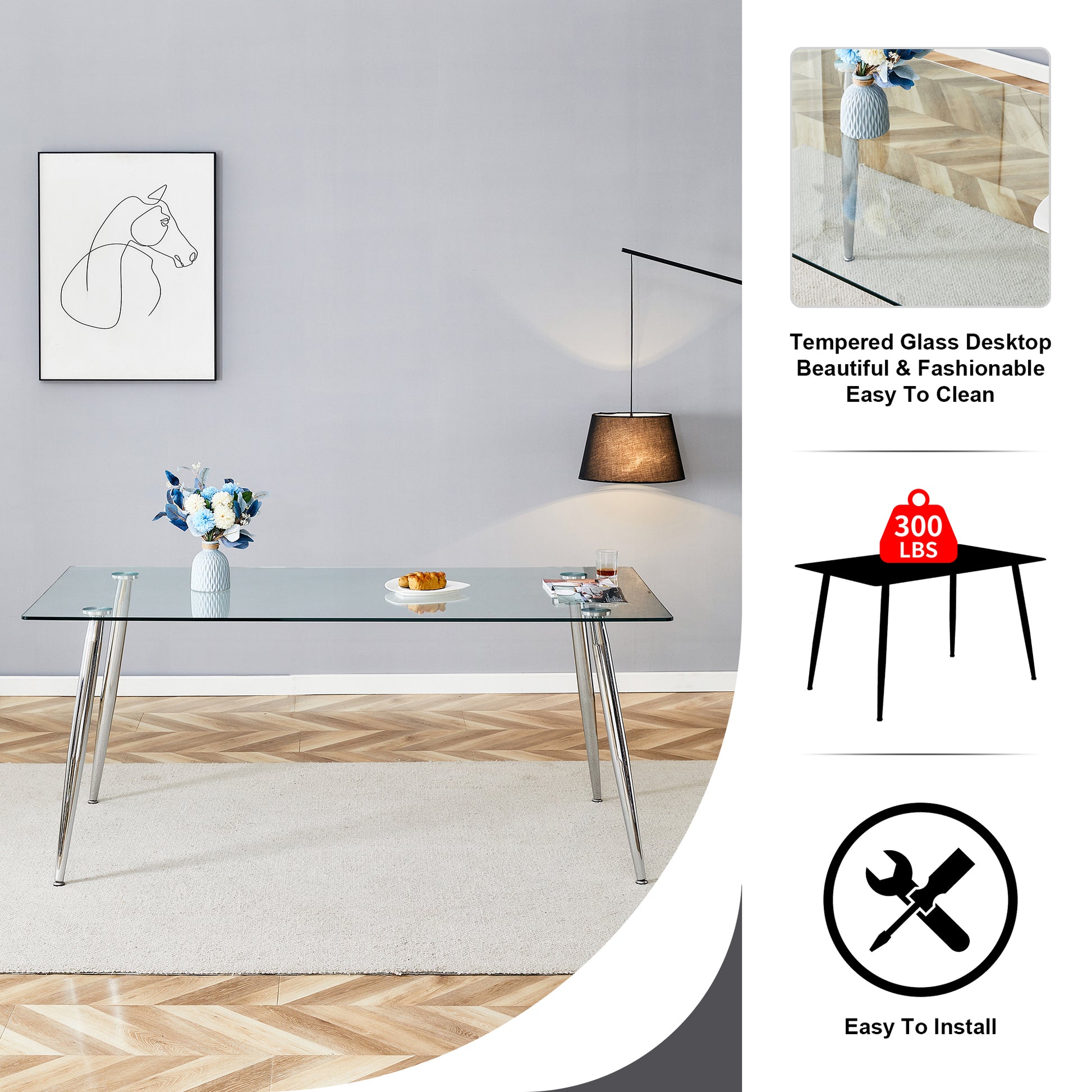 Table And Chair Set.Modern Rectangular Glass Dining Table With A Tempered Glass Tabletop And Silver Metal Legs, Paired With Multiple Chairs Designed With Pu Cushions And Silver Metal Legs. Black Silver Seats 8 Tempered Glass
