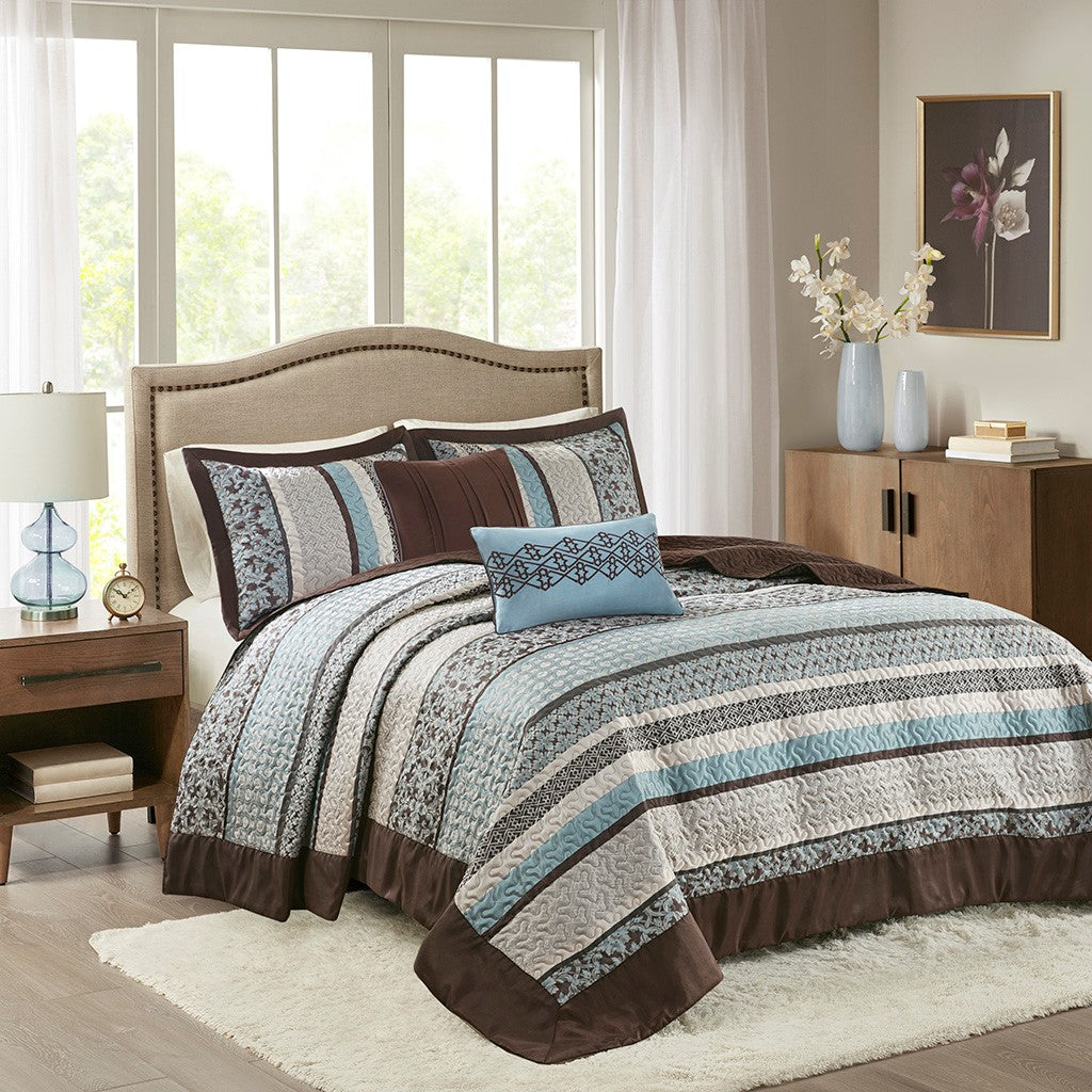 5 Piece Reversible Jacquard Bedspread Set Blue Queen Queen Blue Cotton
