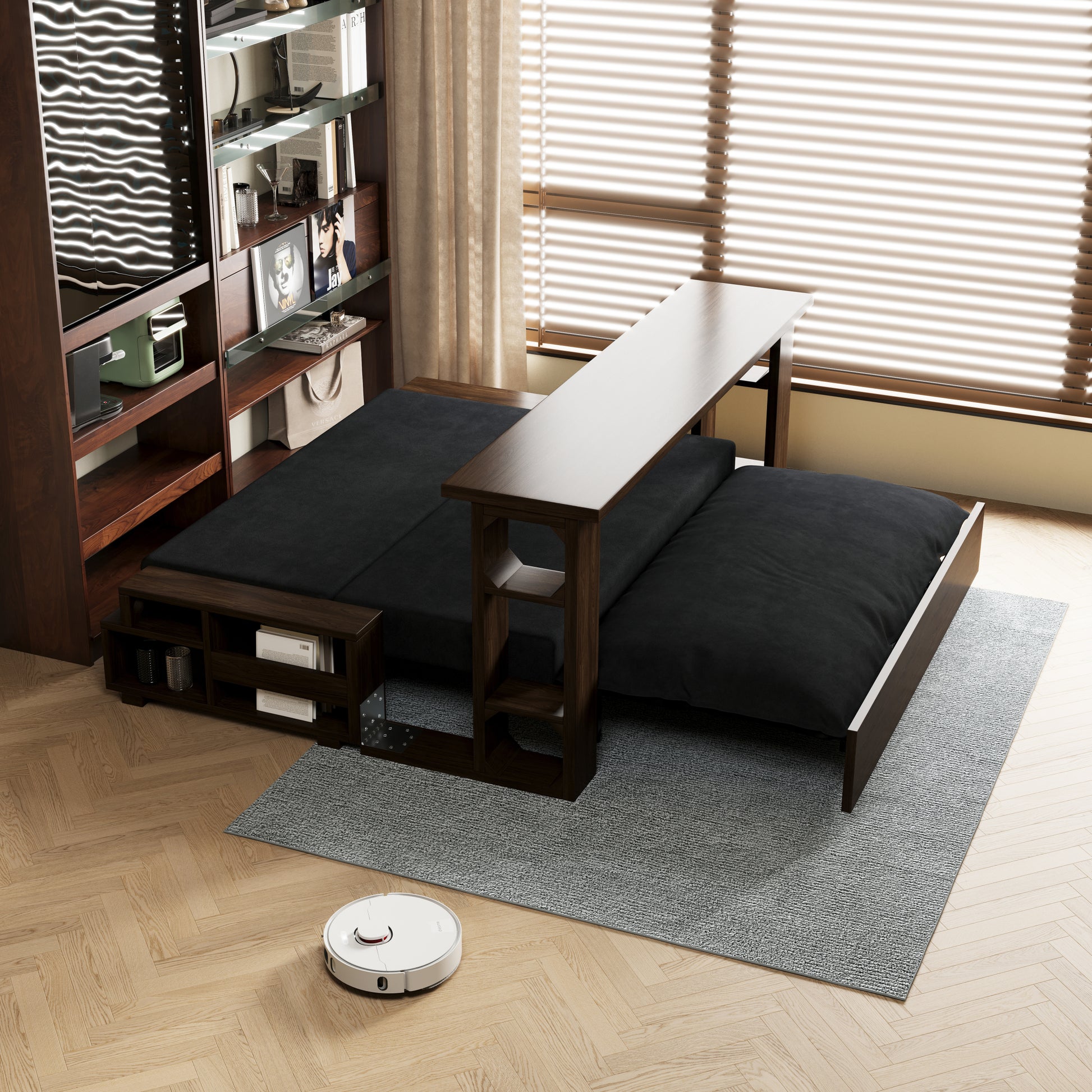 3 In 1 Convertible Sleeper Sofa Bed,Modern Velvet Loveseat Couch With Pull Out Bed,Small Beautiful Seat Futon Sofa Bed With Convertible Office Desk,Black Black Metal & Wood 2 Seat