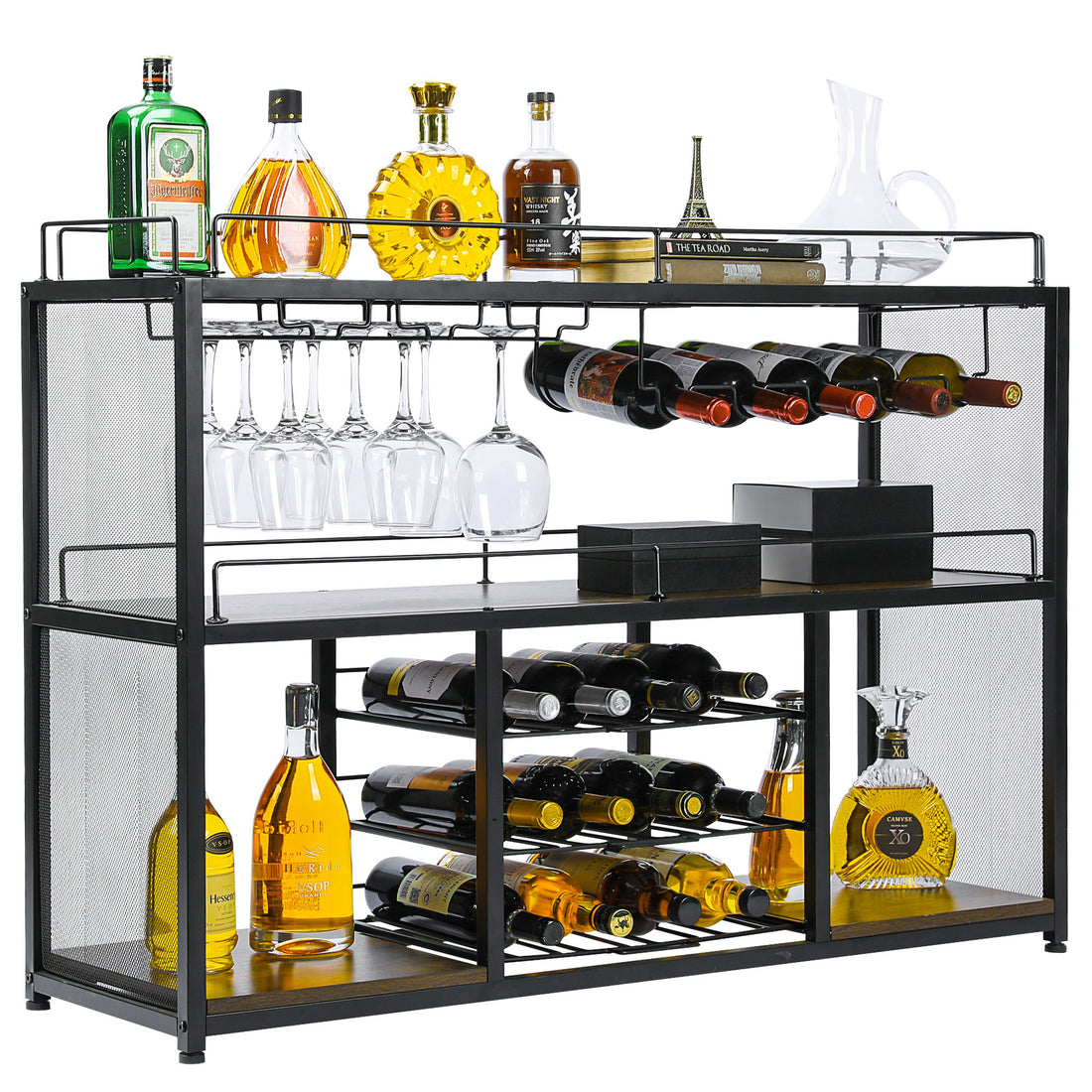 Industrial Wine Coffee Bar Liquor Cabinet Freestanding, Farmhouse Storage Display Cabinet With Glass Holder & Sliding Wine Racks, Black Antique Black Metal & Wood