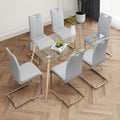 Modern Simple Rectangular Glass Dining Table, Solid Tempered Glass Countertop, Wood Transfer Metal Table Legs, Gray Pu Dining Chair Set, Suitable For Restaurant Kitchen Use Set Of 7 Upholstered Chair Glass Gray Pu Seats 6 Metal Rectangular Dining Table