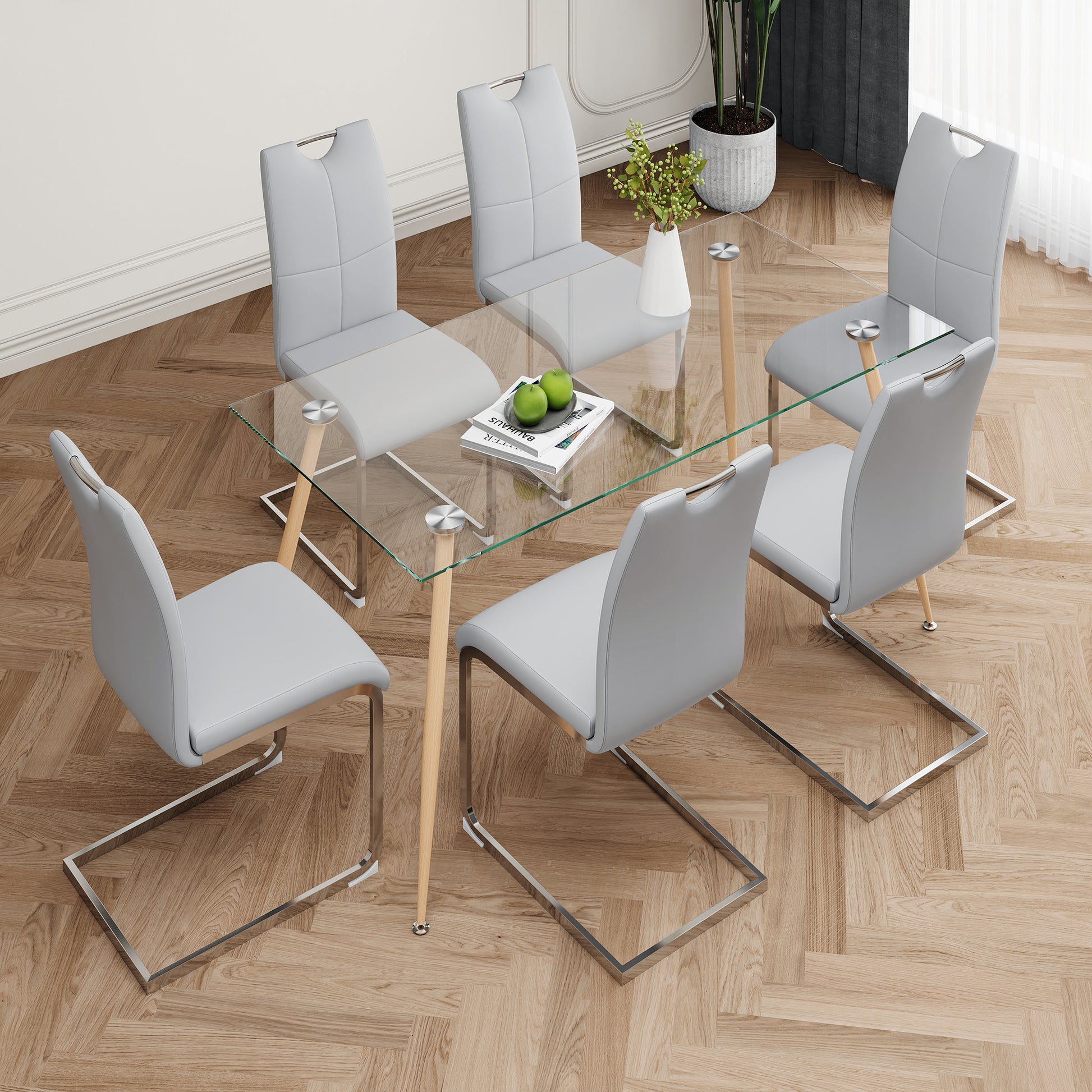 Modern Simple Rectangular Glass Dining Table, Solid Tempered Glass Countertop, Wood Transfer Metal Table Legs, Gray Pu Dining Chair Set, Suitable For Restaurant Kitchen Use Set Of 7 Upholstered Chair Glass Gray Pu Seats 6 Metal Rectangular Dining Table