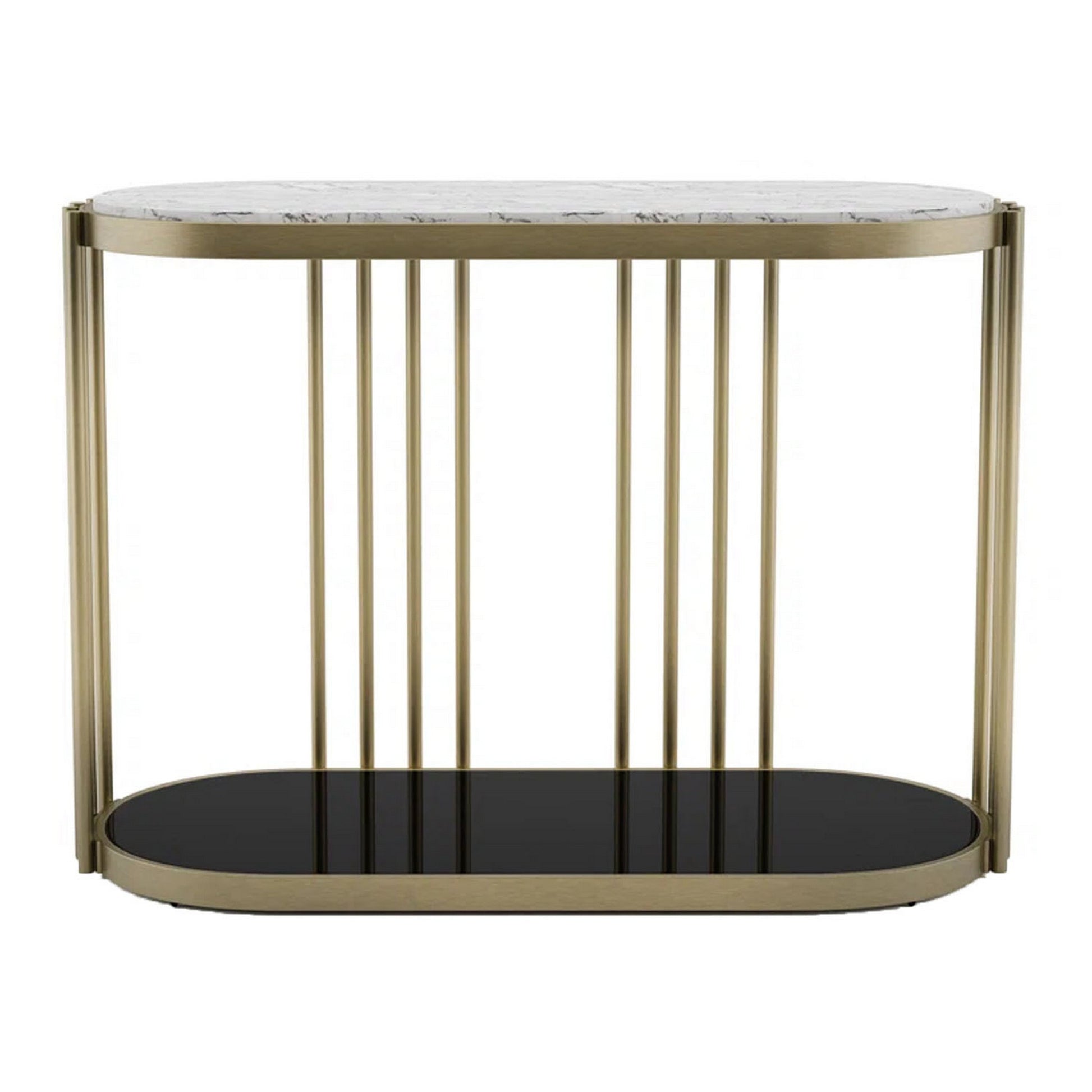 Kein 42 Inch Oblong Sofa Console Table, White Faux Marble Top, Steel Frame White Gold Marble Metal