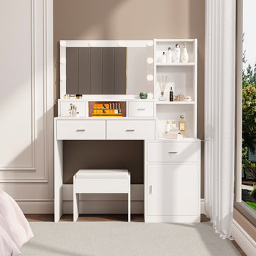The White Vanity With A Mirror Is Equipped With A Hair Dryer Rack, While The Vanity In The Bedroom And Dressing Room Comes With A Dressing Pad Hinged White Drawer 3 Drawers Bedroom American